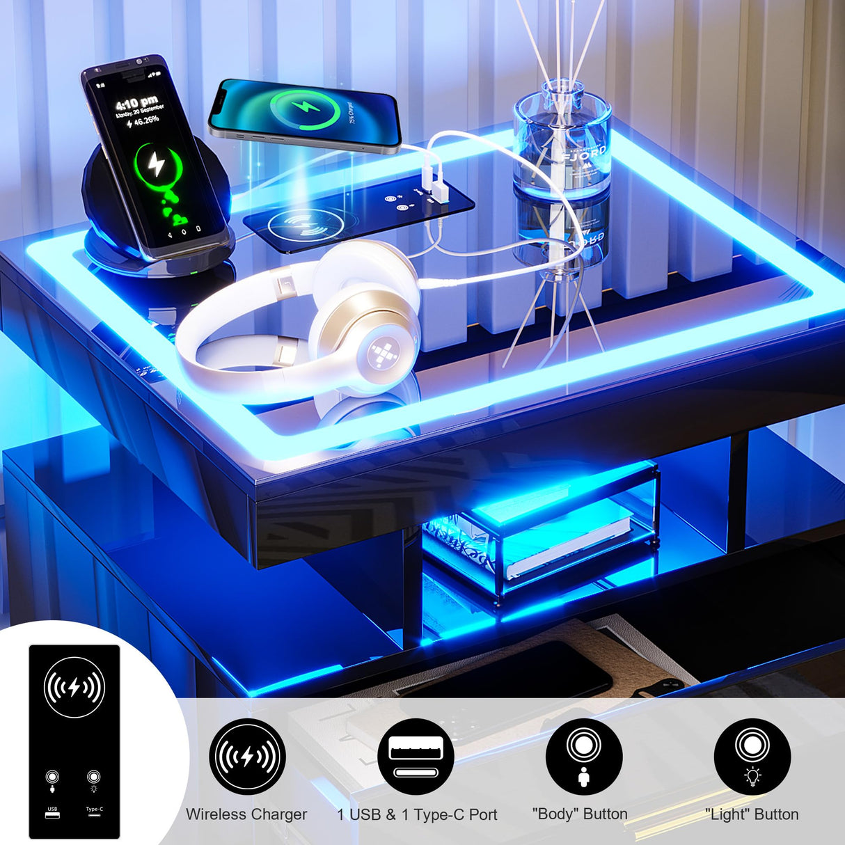 HNEBC Auto LED Nightstand Set of 2, Black Night Stand with Charging Station & USB Ports, High Gloss Bedside Table has 2 Drawers,Modern End Side Table for Bedroom (Black) HNEBC