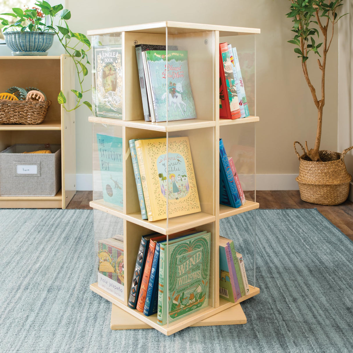 Guidecraft EdQ Kids Rotating Bookshelf: Natural Wood Revolving Bookcase - 360 Degree Spinning Book Shelf Tower with Acrylic Montessori Storage for Classroom, Bedroom and Playroom | Toy Organizer Guidecraft
