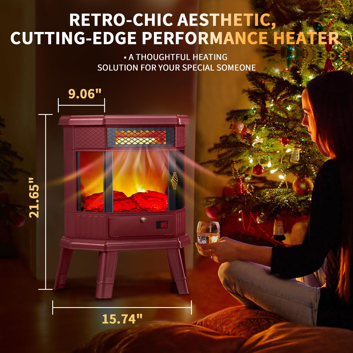 Electric Fireplace Heater 22 in Freestanding Fireplace Stove Infrared Fireplace RealSmart with 3D Flame Effect Remote Control, Timer, Overheating Protection Heater for Indoor Use Black (Christmas Red) RealSmart