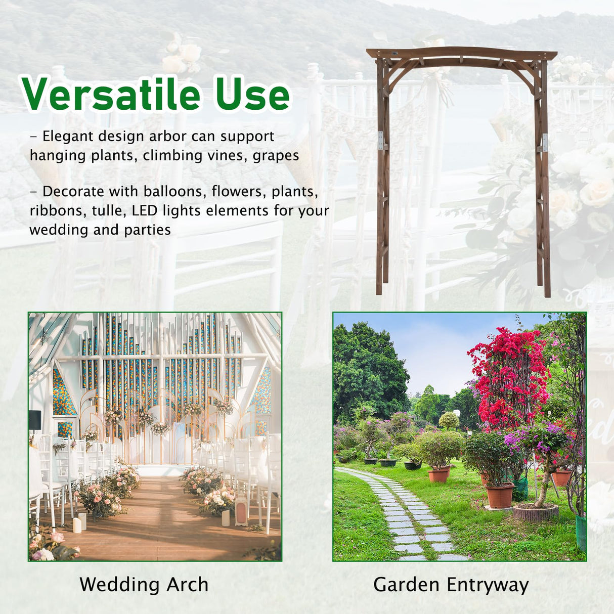 VINGLI Wooden Garden Arbor, Wedding Arch, 6.6ft Arch Backdrop Stand for Ceremony, Wood Trellis for Plant Climbing, Christmas Decor Pergola for Garden Backyard, Lawn VINGLI
