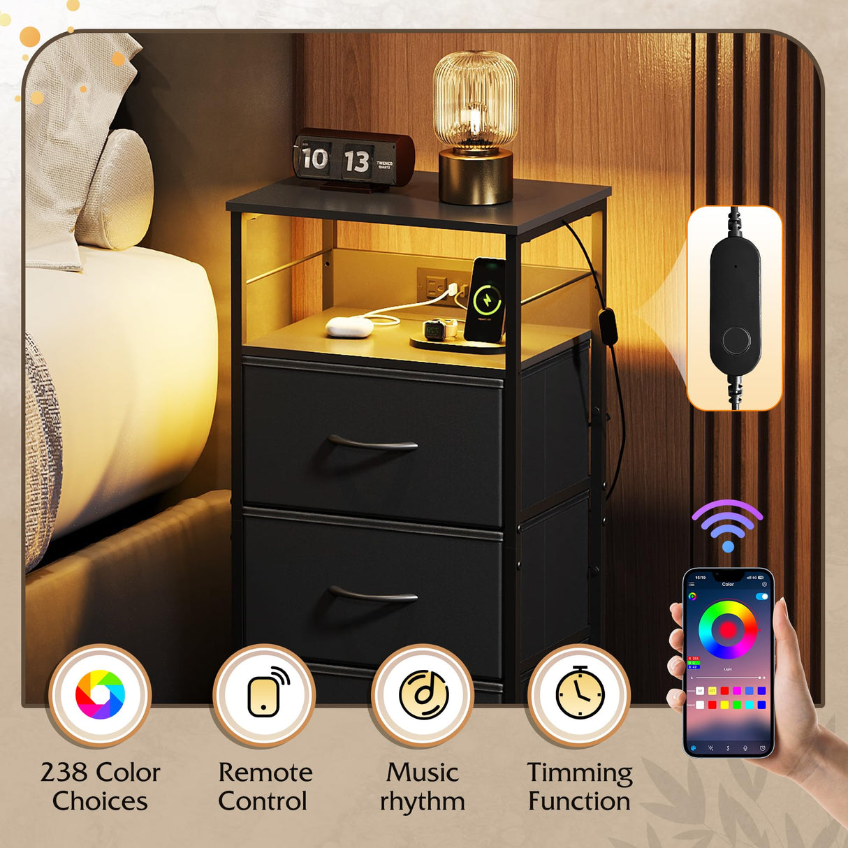 WLIVE LED Nightstand Set of 2 with Charging Station, Black Night Stand with 3 Fabric Drawers and Storage Shelf, Small Dresser for Small Space, 31.9" H Side Table with USB Ports and Outlets for Bedroom WLIVE