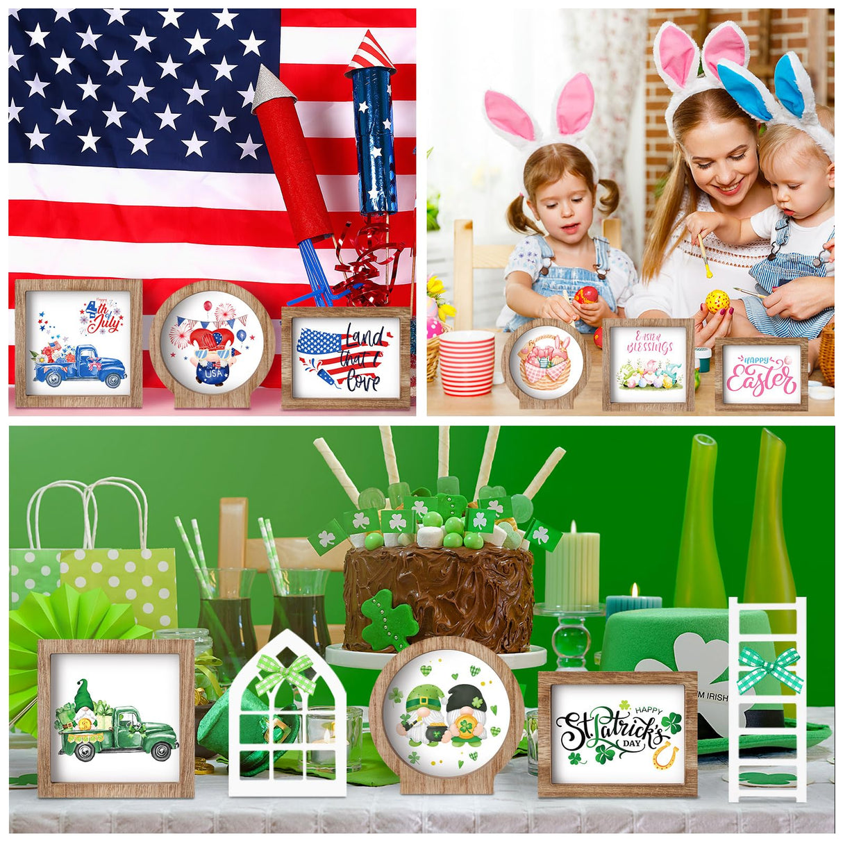 Bencailor 48 Pcs Interchangeable Seasonal Farmhouse Tiered Tray Decor Set Include Wood Frames with Ladders Cards Bow Knot,Tray Not Included(Year Round Seasonal) Bencailor