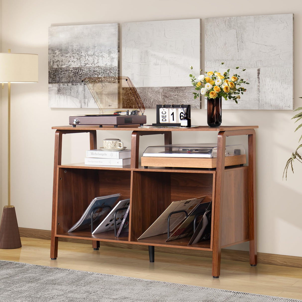 Mxtxmy Large Record Player Stand,Mid Century Turntable Stand Table with Open Storage Holds up to 300 Albums,Vinyl Record Storage Display Shelf for Living Room Bedroom (Walnut) Mxtxmy