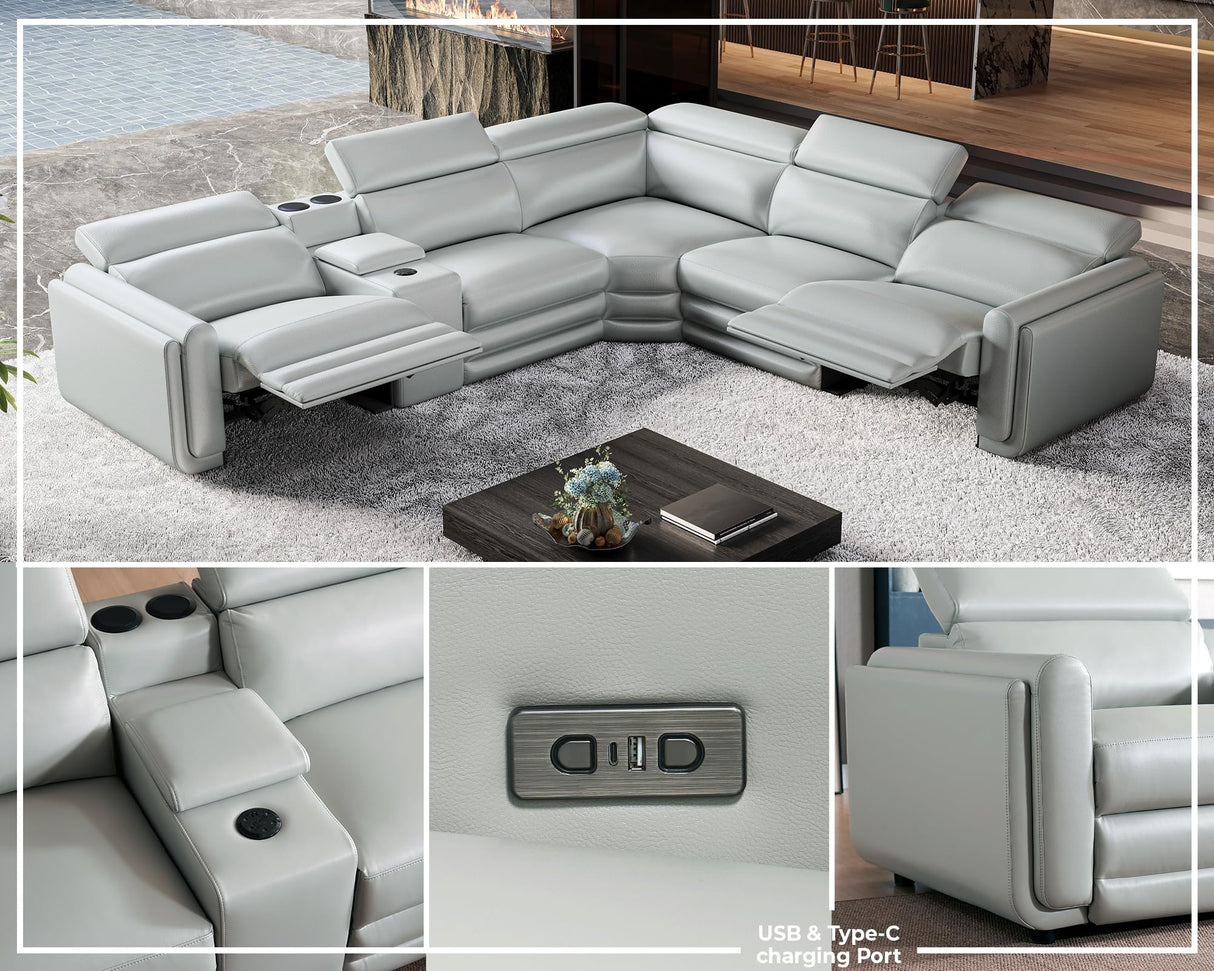 Jocisland Dual Power Recliner, Oversized 5-Seater Sofa with Console, 3 Bluetooth Speakers & Hidden Storage, Modern L Shaped Reclining Couch with 6 Charging Ports - Light Gray Leathaire Jocisland