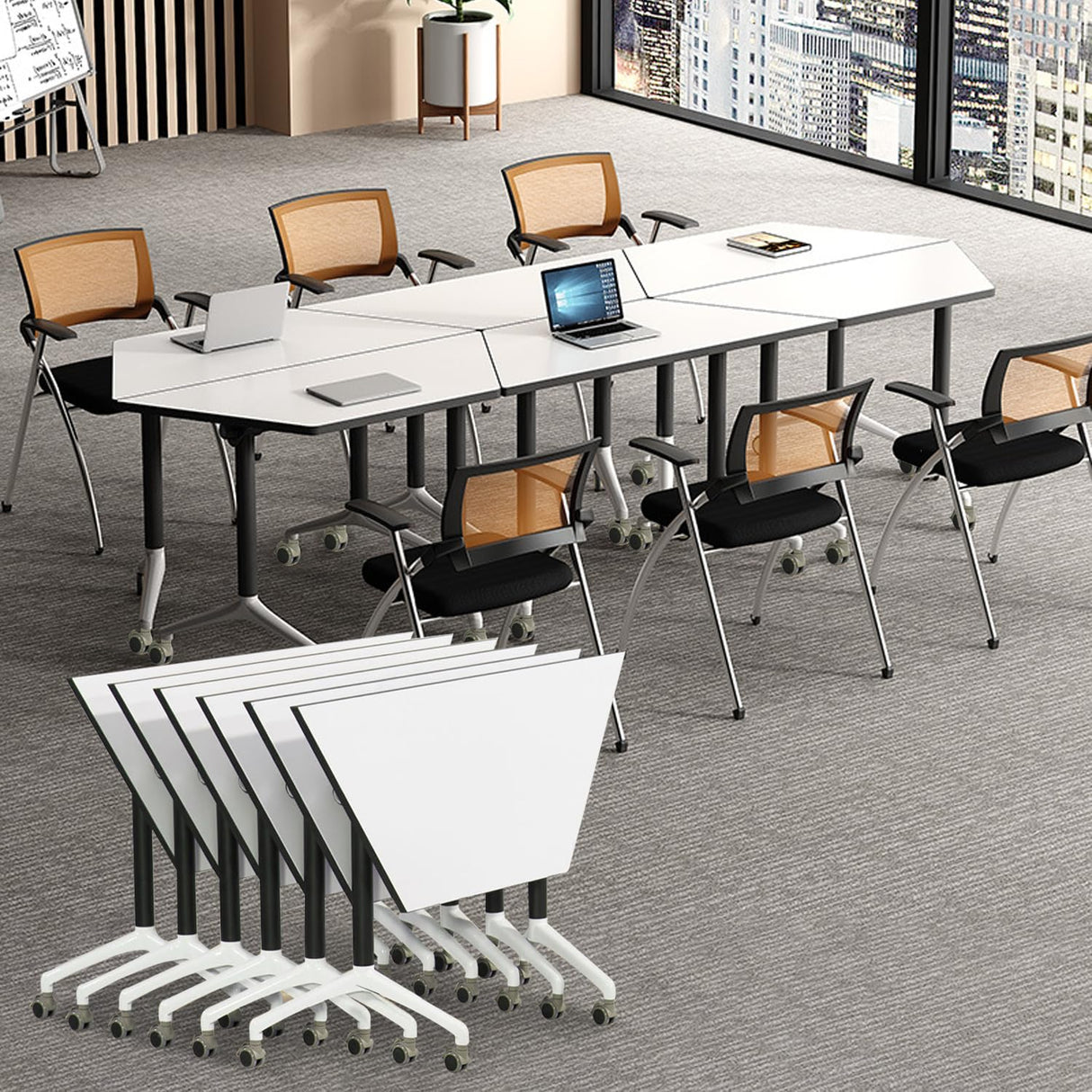 6 Pack Folding Conference Room Tables,Modern Rectangular Foldable Conference Table Flip Top Mobile Training Tables with Wheels Meeting Table for Office Meeting Room Classroom(47.2 in) rzoizwko