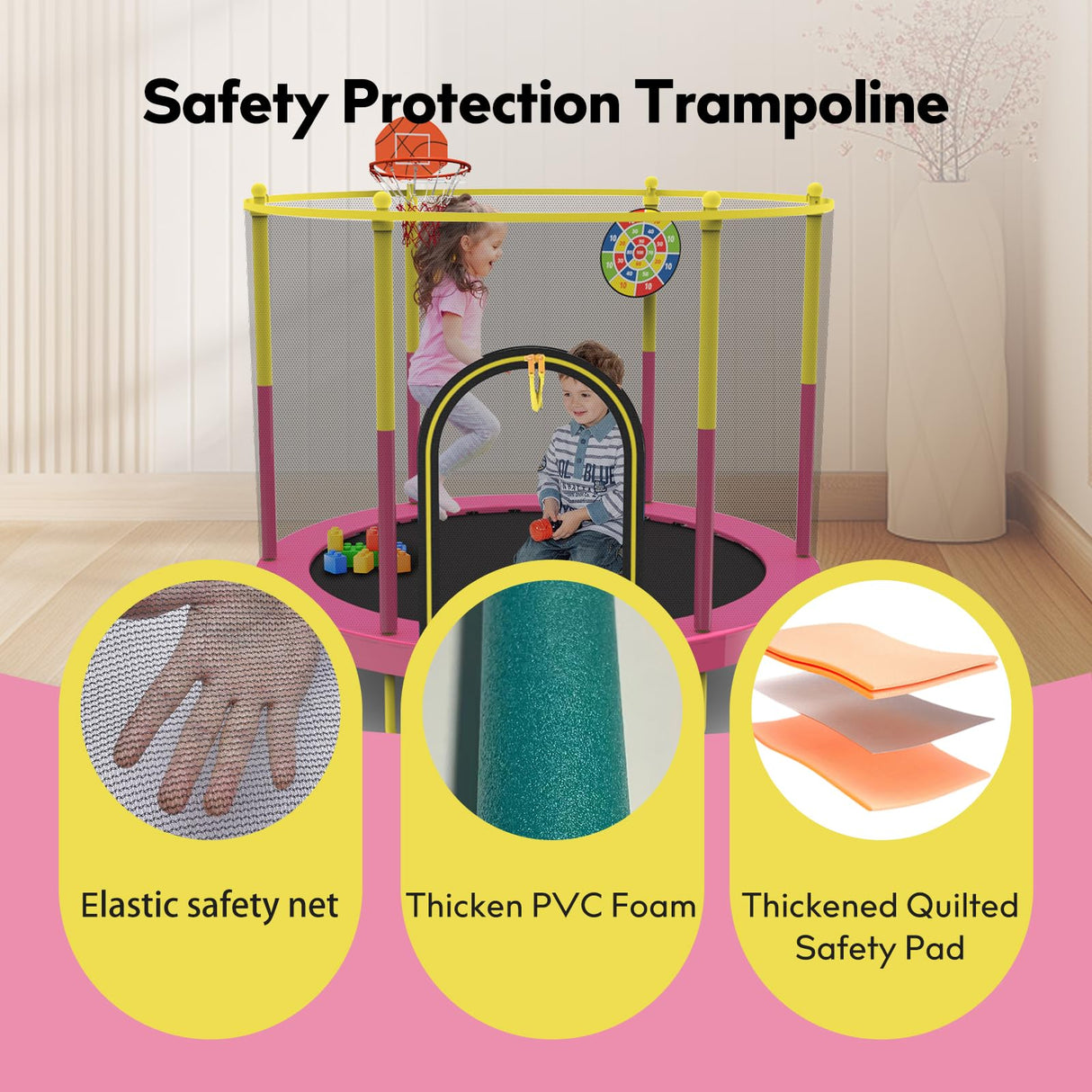 72" Trampoline for Kids with Net,6 FT Indoor & Outdoor Small Toddler Trampoline with Basketball Hoop & Dart Board for Ages 1-8, Birthday Gifts for Boys & Girls, Baby Toddler Christmas Toys Pink Sedeke