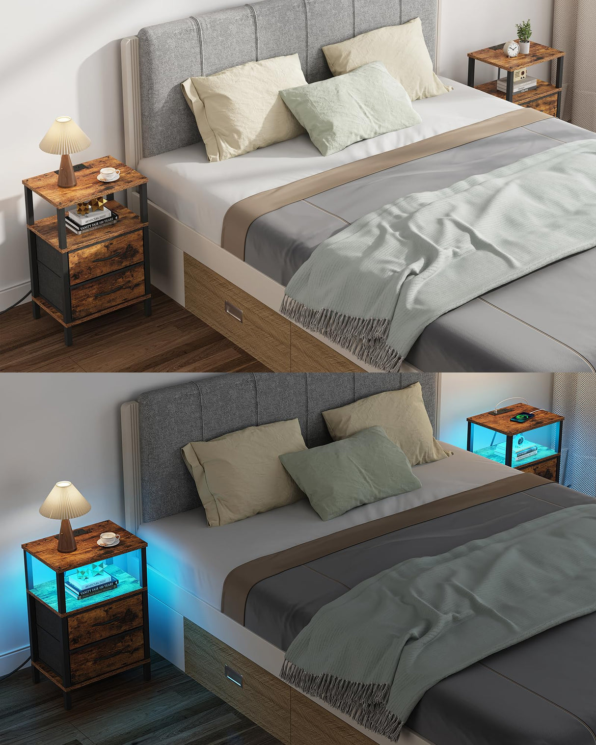 TUTOTAK LED End Table with Charging Station, Nightstand with Cloth Drawer, Side Table with Outlets, Set of 2, Couch Table, Brown TB01BB068 TUTOTAK