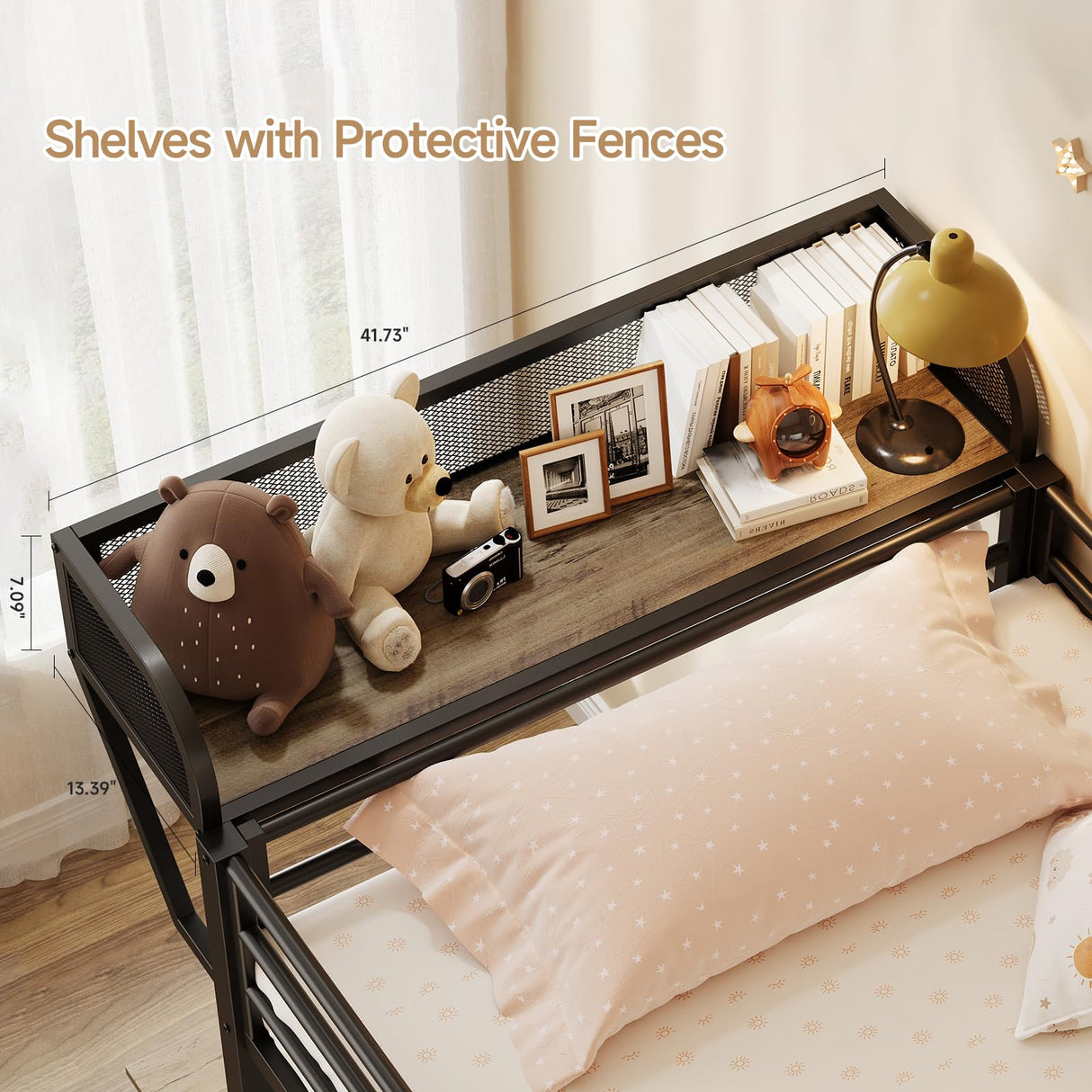 Bunk Bed Twin Over Twin, Metal Bunk Beds with Power Outlets & Desk, Heavy-Duty Bunkbeds Frame with Safety Guardrail & Ladders, Upper Bed with Storage Rack, No Box Spring Needed, for Juniors, Black ONBRILL