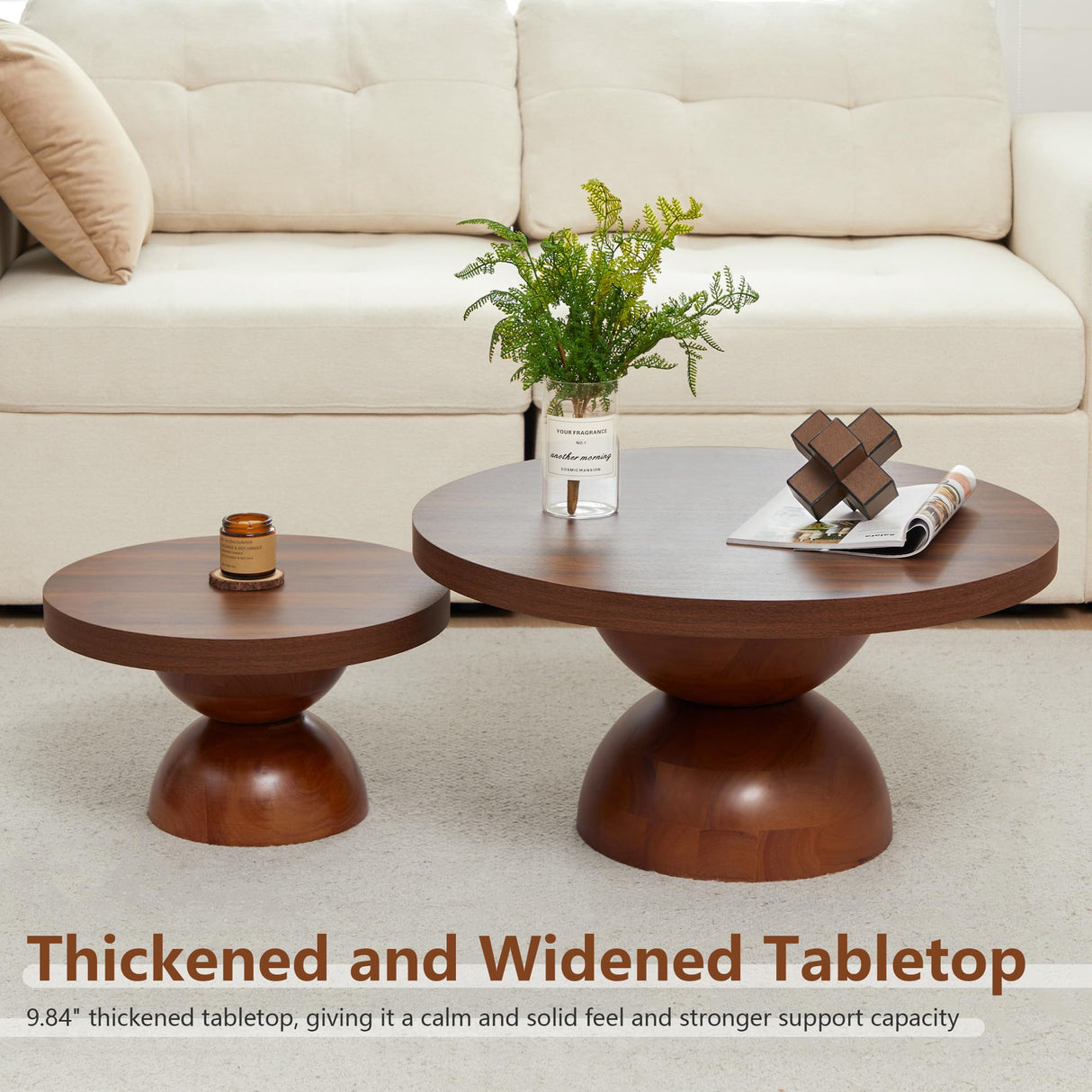 Solid Wood Round Nesting Coffee Table Set of 2, Circle Accent Tables with Unique Semi-Circular Legs, Modern Farmhouse Side End Table Set for Small Space Living Room Office (Walnut) LEVNARY