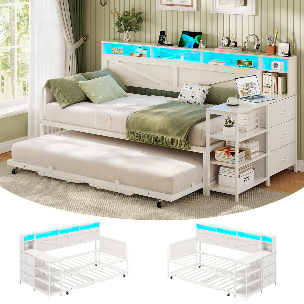 VIAGDO Daybed Twin with Pop Up Trundle, Farmhouse Wooden Day Bed Frame with 3 Storage Drawers and Shelves, Twin to King Daybed with Charging Station and LED Lights for Bedroom, Guest Room, White VIAGDO