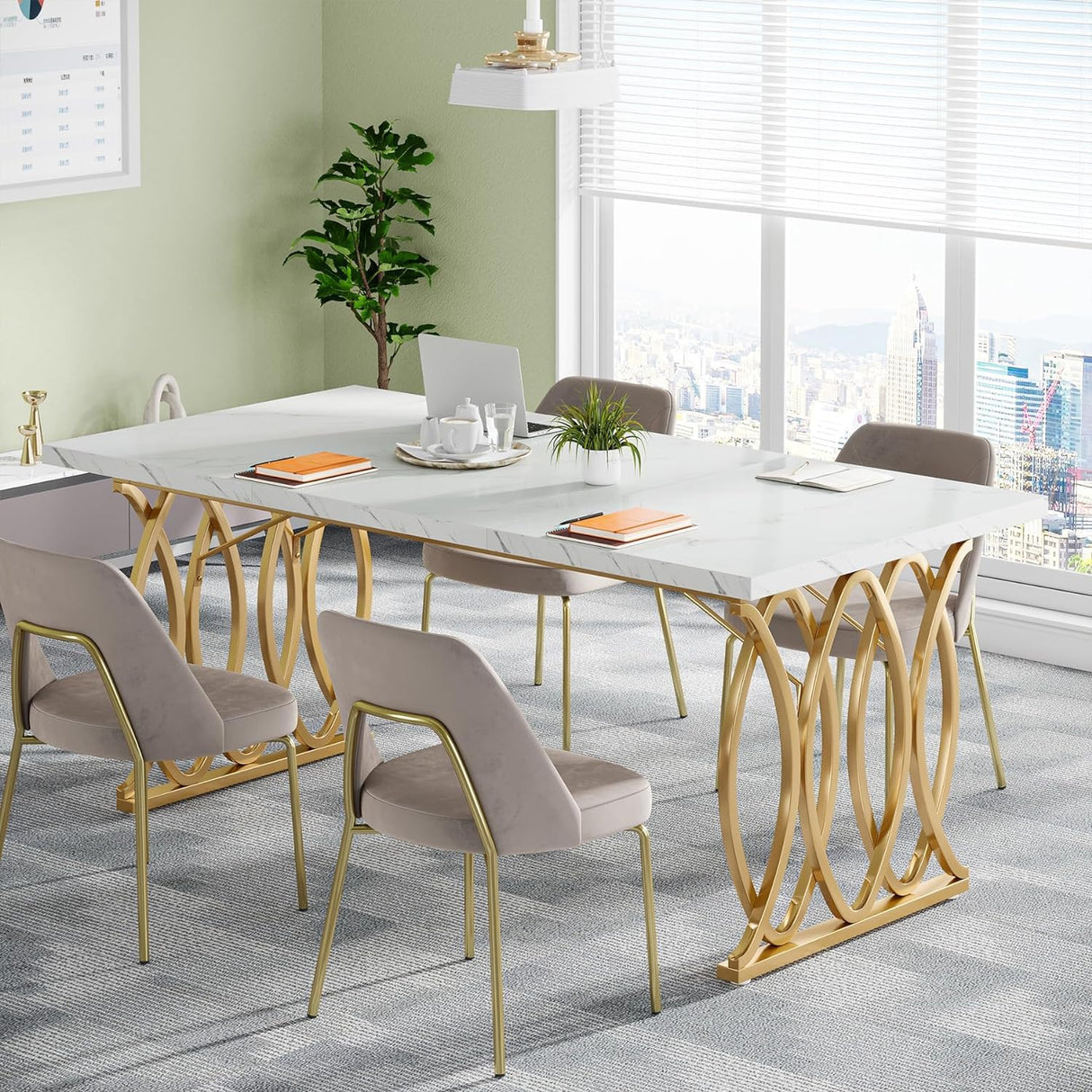 Tribesigns Executive Desk, 63" W Large Computer Desk, Modern Office Desk Conference Table Meeting Room Table, Business Furniture for Home Office, White and Gold Tribesigns