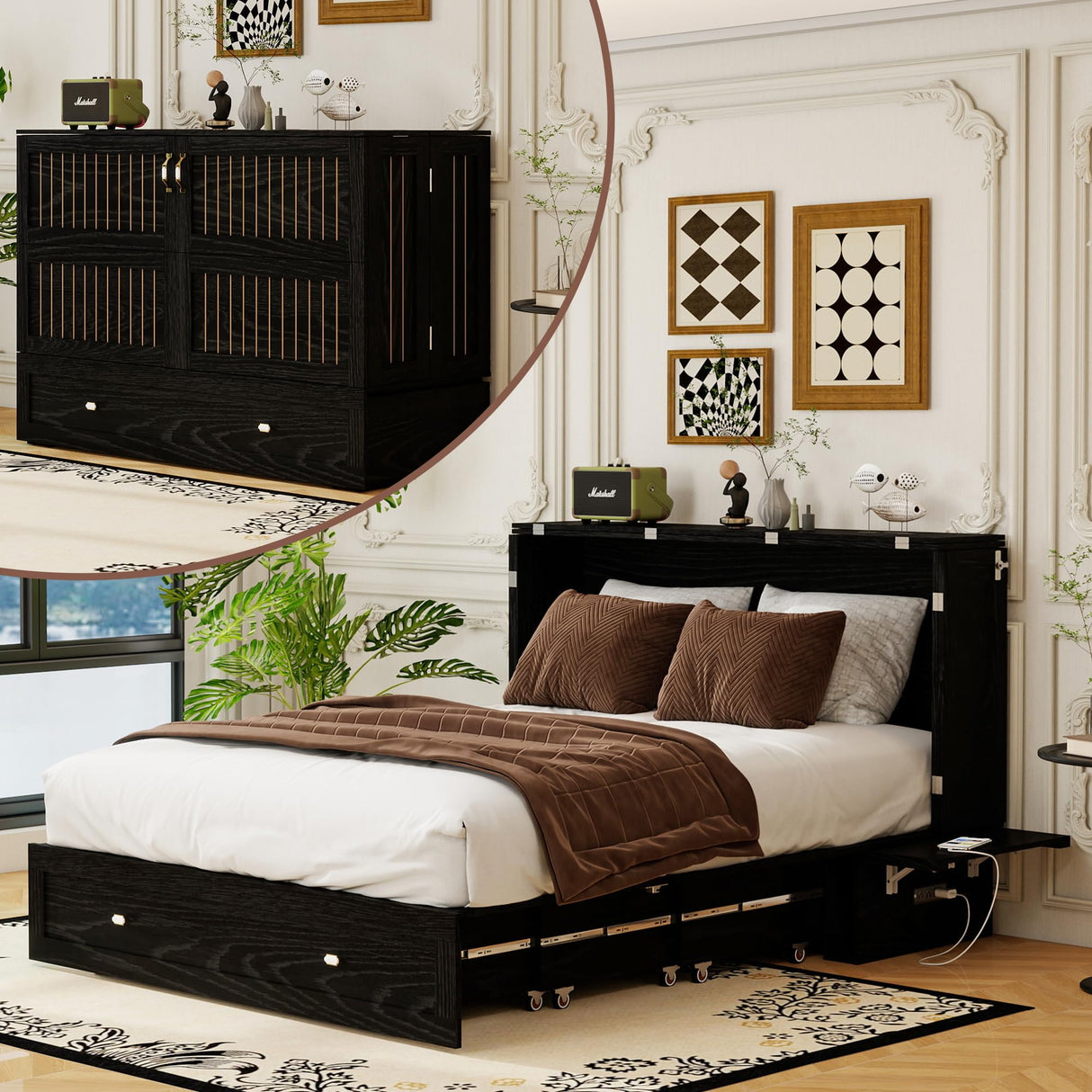 GraceGrove Queen Size Murphy Bed:Wood Queen Murphy Bed Cabinet with Large Storage Drawer,Optimize Sleeping Space(Mattress Not Included) Black-11 GraceGrove