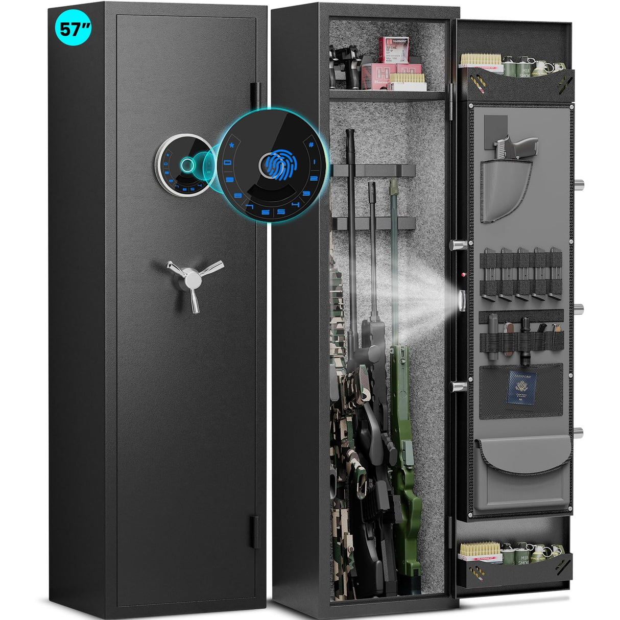 8-12 Gun Safe, Biometric Rifle Safe, 57" Heavy Duty Long Gun Safe for Home Rifles and Pistols, Quick Access Large Gun Cabinet for Rifles and Shotguns with LCD Keypad, LED Light Luzfuego