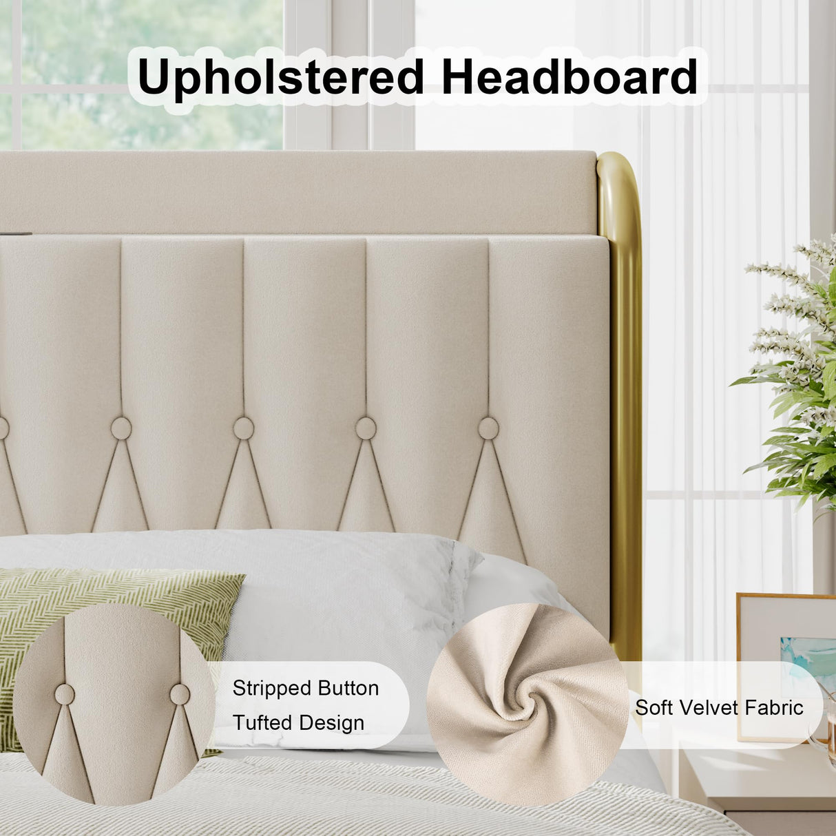 Feonase Velvet Queen Bed Frame with Fast Charging Station,Metal Platform Queen Size Beds with Upholstered Headboard & Footboard,12" Underbed Storage Space,Easy Assembly,Gold&Beige Feonase