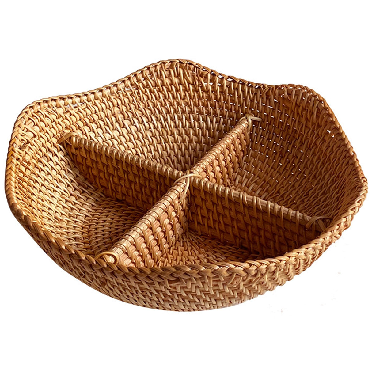 i-lan 4-Compartment Divided Serving Dishes Rattan Bowl,Round Sectional Decorative Fruit Tray for Snacks,Nuts,Candies,Crackers,Veggies i-lan