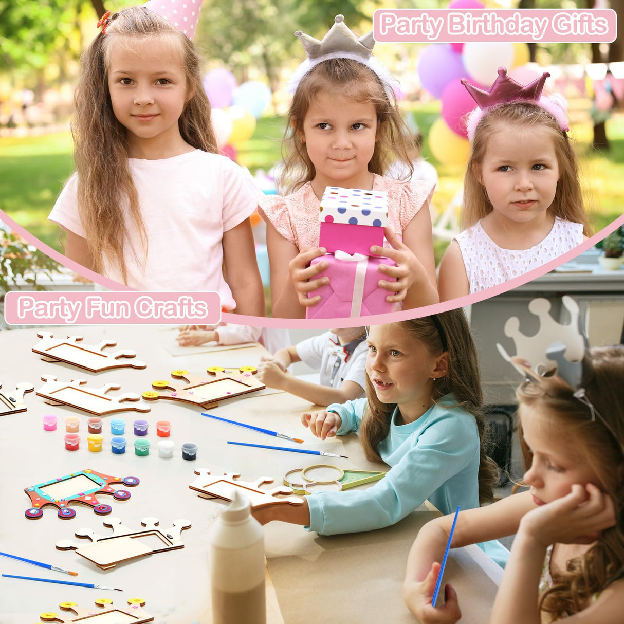 Blueweenly 12 Pcs DIY Picture Frame Painting Craft Kits for Kids Wooden Crown Princess Party Favors Paint and DIY Your Own Frame with 88 Cell Rhinestone Stickers 12 Color Paint for Girls Birthday Blueweenly