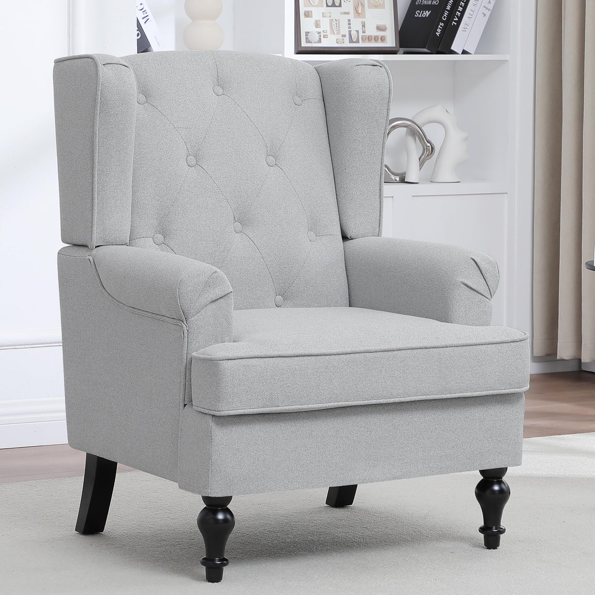choairy Accent Chair for Living Room, Mid Century Modern Wingback Chair, Upholstered Fabric Armchair with High Back and Vintage Legs, Comfy Single Sofa Side Reading Chairs for Bedroom, Light Grey choairy