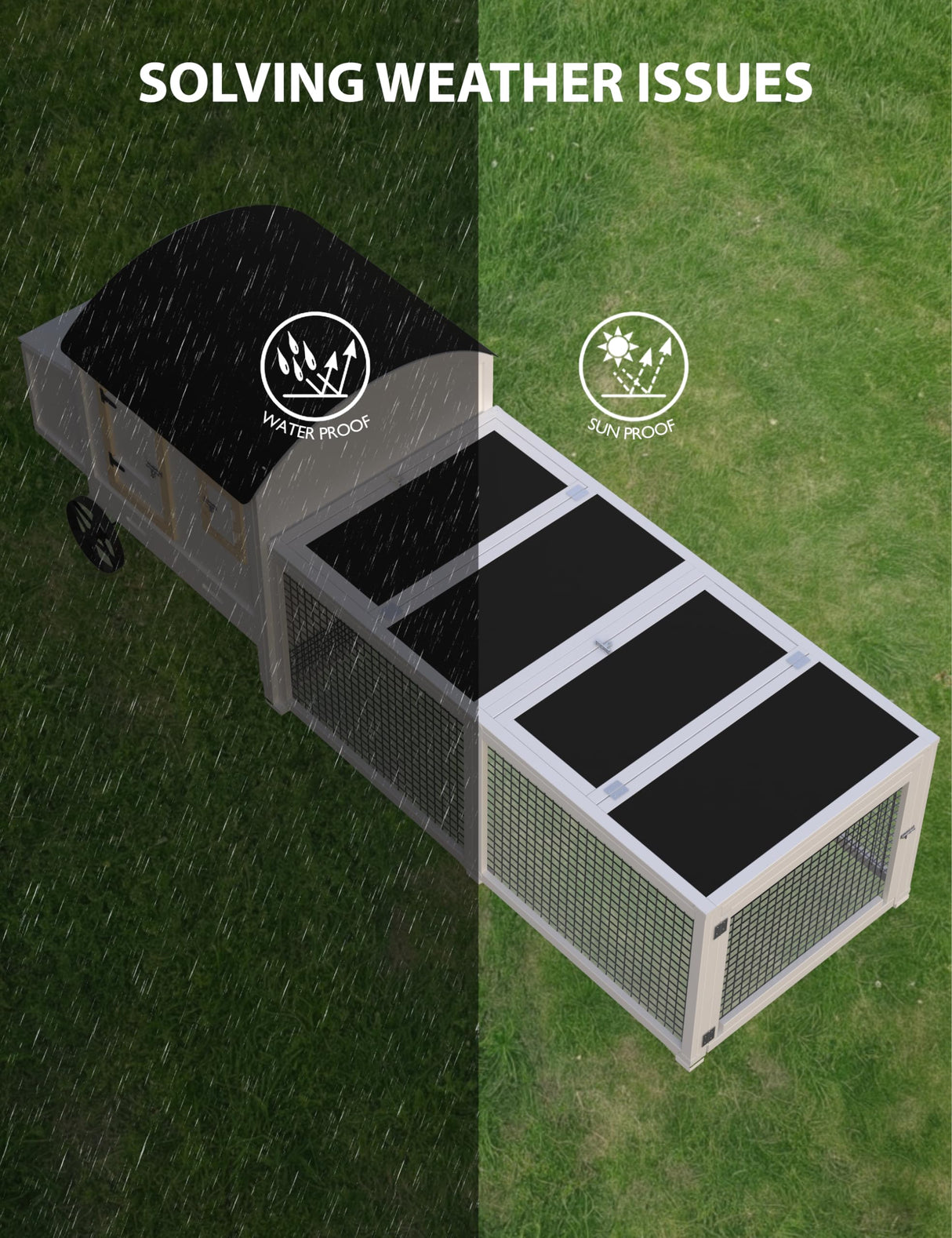 VerisShade Chicken Coop, Wooden Chicken Coop for 3-5 Chickens, 106in Outdoor Chicken Coop with Run, Waterproof Roof, Nesting Box, Pull Out Trays and Ramp, White Carriage VerisShade