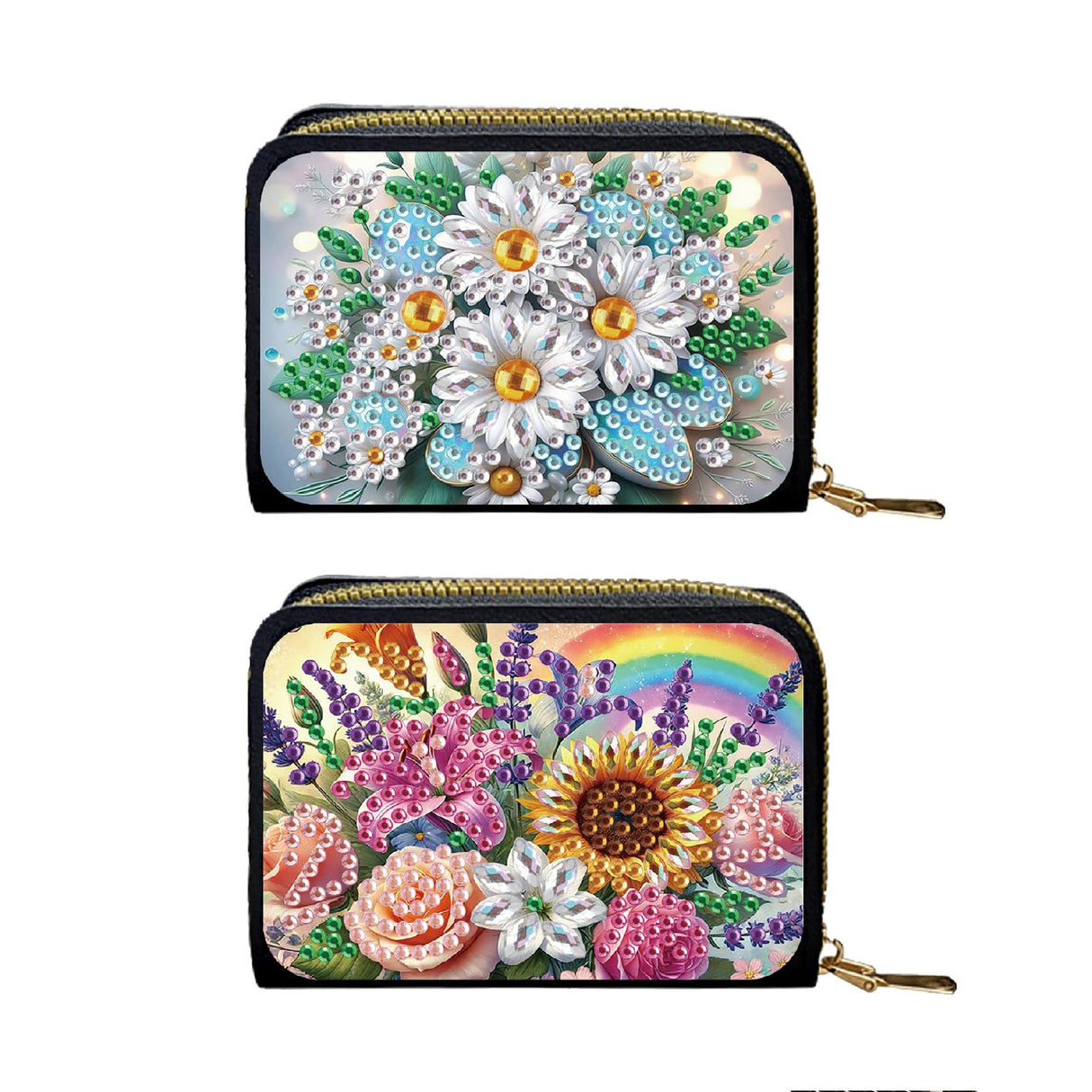 DoxQcs Credit Card Coin Holder, DIY Diamond Art Painting Leather Zipper Card Case Wallet for Women-2PCS DoxQcs
