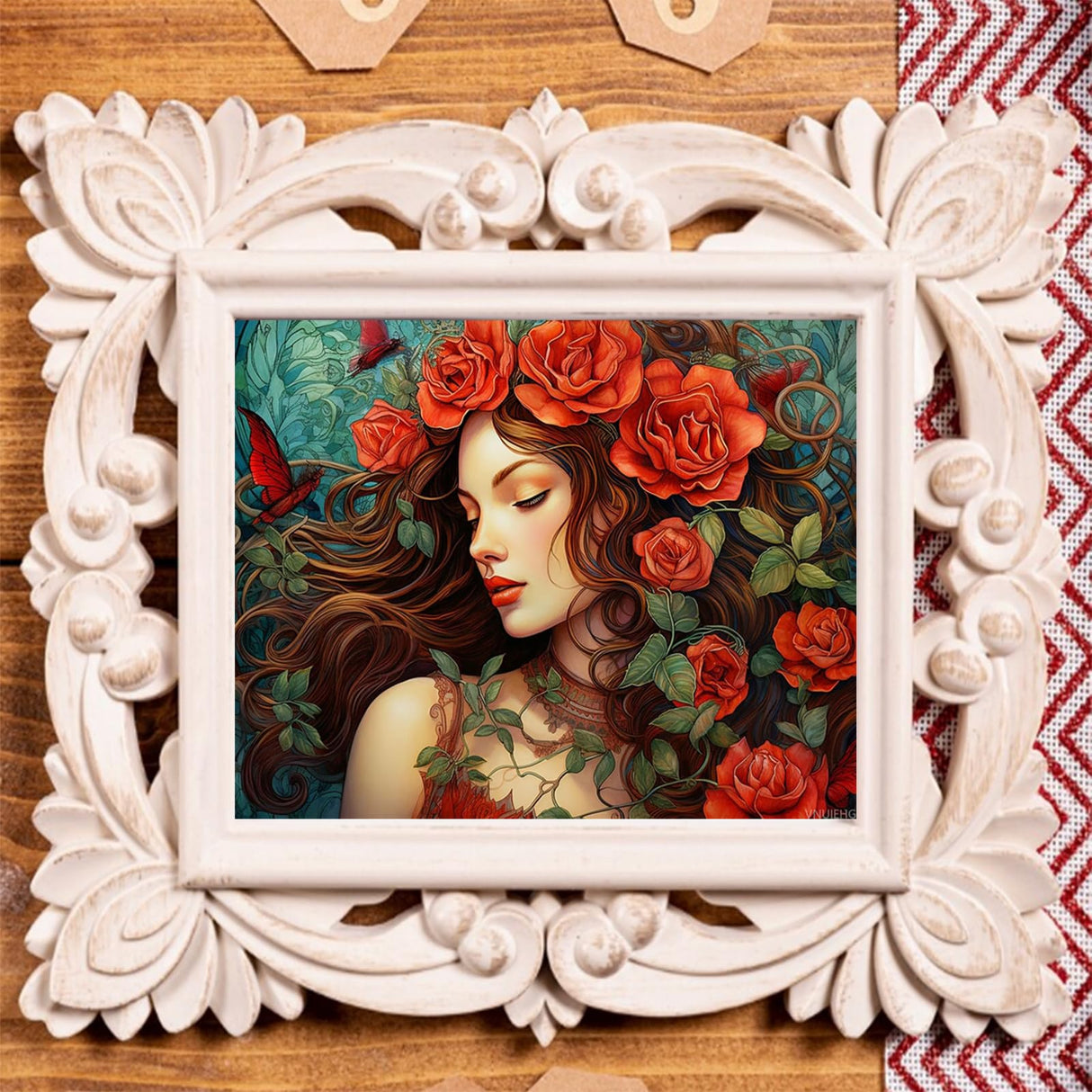 VNUIEHG Red Roses Paint by Numbers Kits 16x20 inch Canvas DIY Digital Oil Painting for Adults with Brushes and Acrylic Pigment, Flowers and Beautiful Women Picture for Home Decor Gift (Without Frame) VNUIEHG