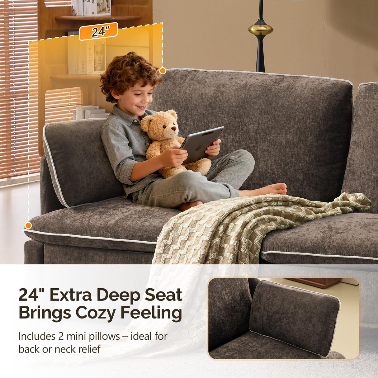 VINGLI 84" Oversized Comfy Two Seat Love Seat, 37" Extra Deep Seat Piping Design Loveseat Couch with Two Pillows, Linen Fabric Modern Small Sofa for Small Living Room, Bedroom, Brown VINGLI