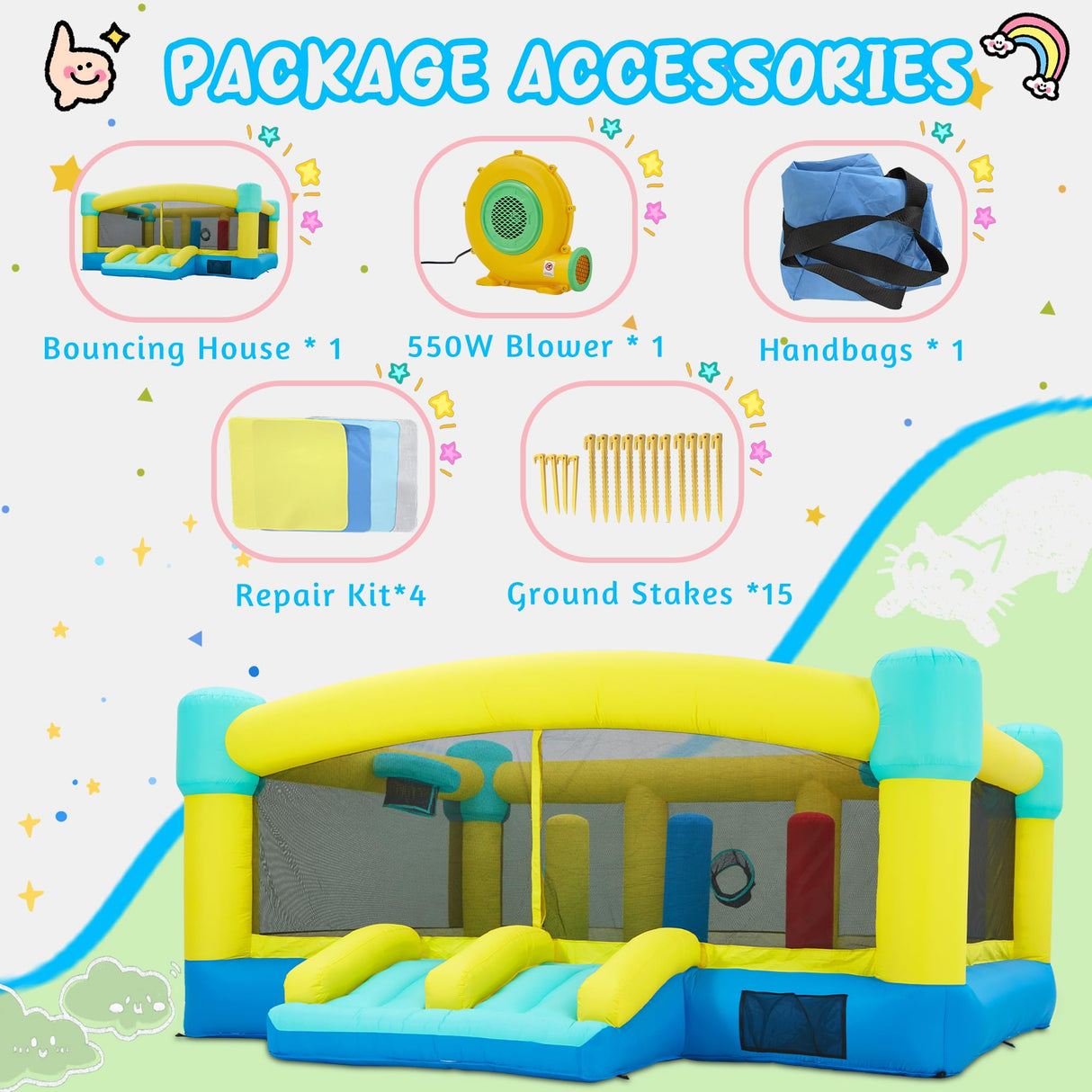 HOMMOW Big Bounce House,15 x 14.8 FT Inflatable Bounce Castle for Kids 3-12,Outdoor/Indoor Bouncy House with Blower,Slides,Obstacles,Trampolines,Basketball Hoop HOMMOW