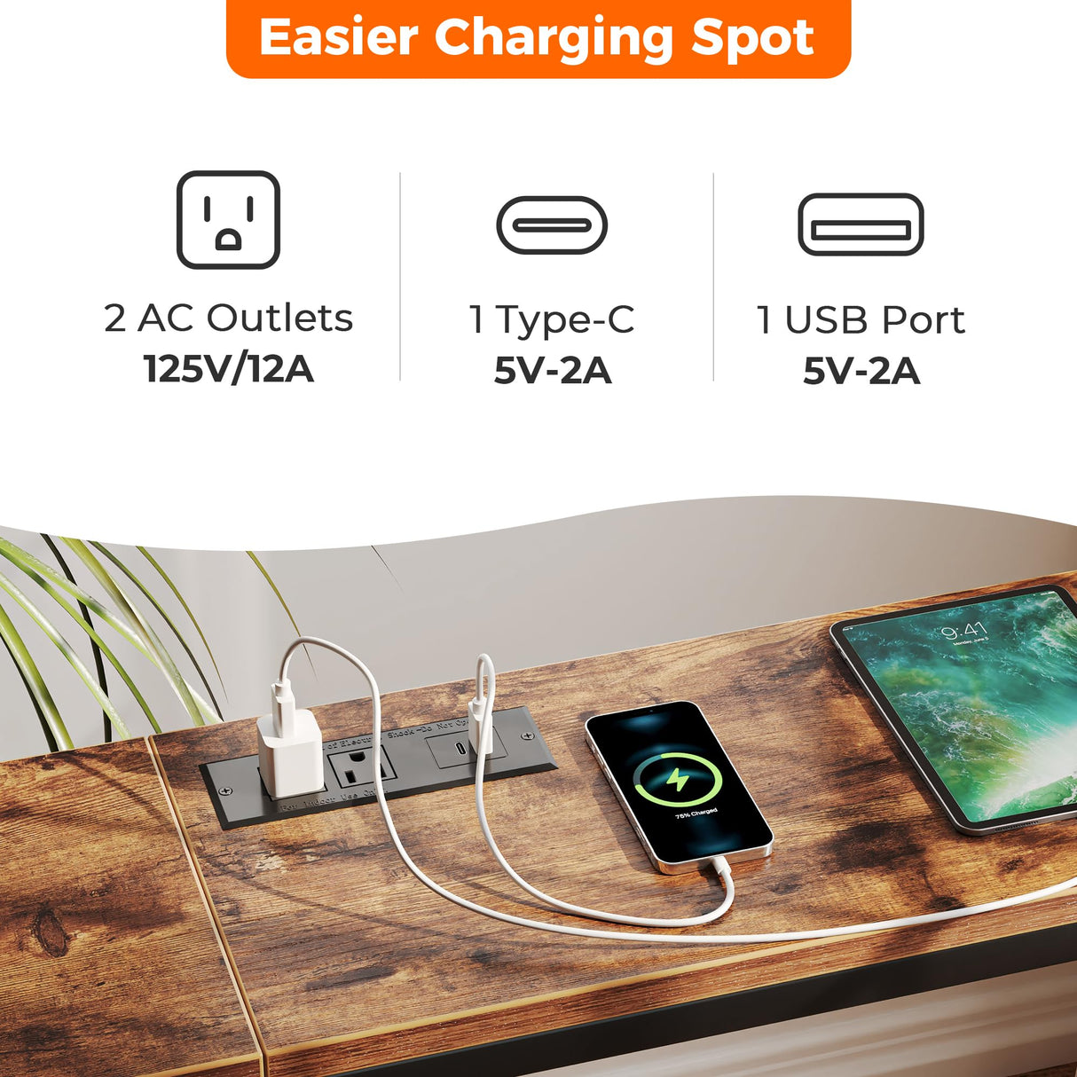 SUPERJARE Console Table with Outlet, 63 Inch Sofa Table with Charging Station, Narrow Entryway Table, Skinny Hallway Table, Behind Couch Table, for Living Room, Plants - Rustic Brown SUPERJARE