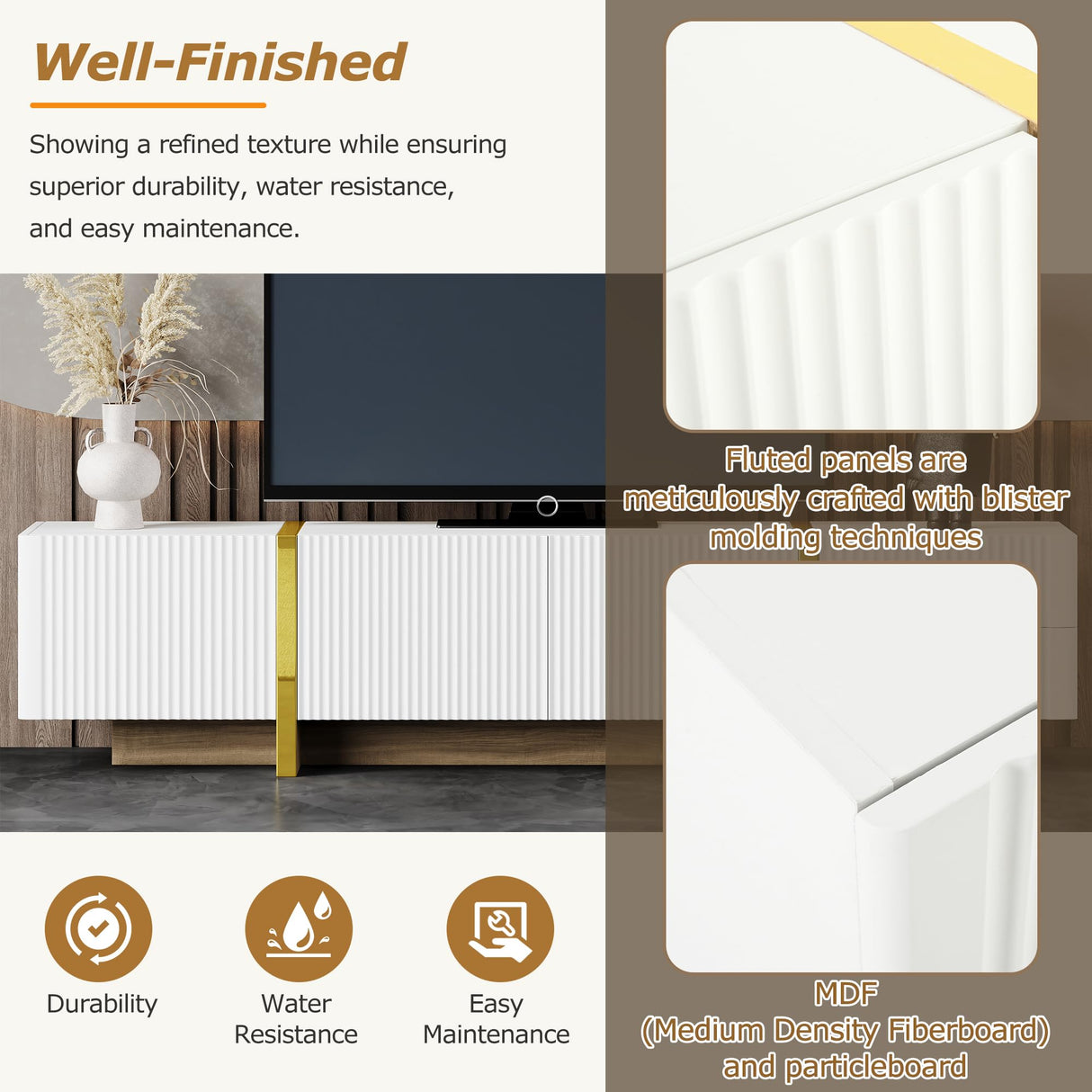 Merax Luxury Fluted TV Stand for Televisions Up to 80'', Modern Entertainment Center with Storage Cabinets & Drawers and Golden Wood Grain Legs, Smooth Media Console, for Living Room, White Merax