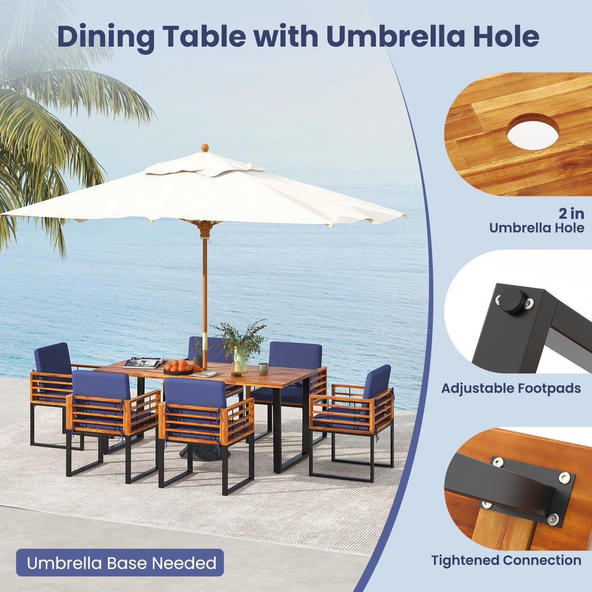 Tangkula 7 Piece Patio Dining Set, Acacia Wood Dining Chair & Table Set, 69” Spacious Tabletop with Umbrella Hole, Heavy-Duty Metal Support, Dining Set for Backyard, Poolside Tangkula