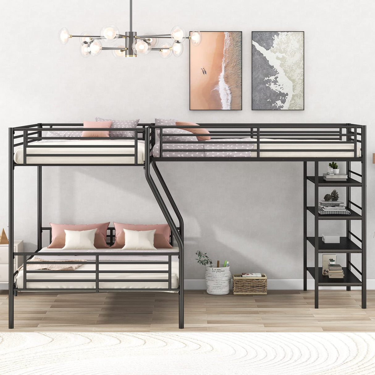 L-Shaped Metal Twin Over Full Bunk Bed and Twin Size Loft Bed with Four Built-in Shelves,Black Bellemave