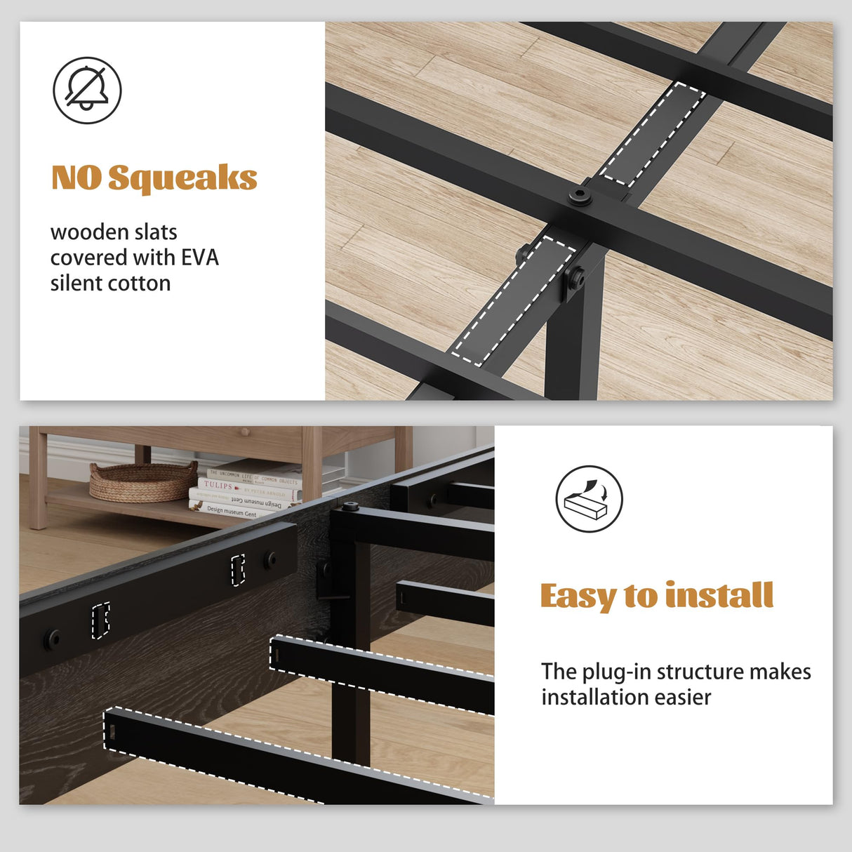 PAUKIN King Size Wooden Bed Frame with Headboard, Rustic Farmhouse Platform Bedframe with Metal Slat Support, Under Bed Storage Space, Easy Assembly, Noisy Free (Black, King) PAUKIN