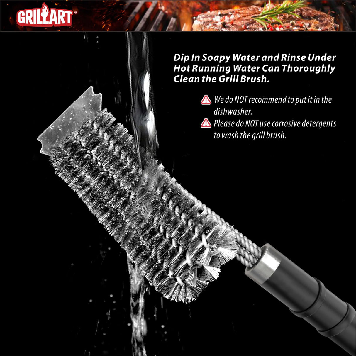GRILLART Grill Brush and Scraper with Deluxe Handle, Safe Wire Grill Brush BBQ Cleaning Brush Grill Grate Cleaner for Gas Infrared Charcoal Porcelain Grills, BR-8529 GRILLART