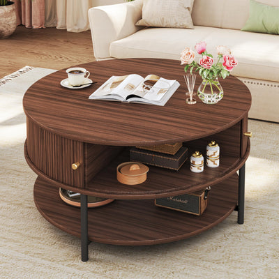 HUAHUU 31.5" Round Coffee Table with Storage, Mid Century Modern Coffee Table with Sliding Cabinet Door, Round Metal Legs, 3-Tier Small Round Coffee Tables for Living Room, Walnut