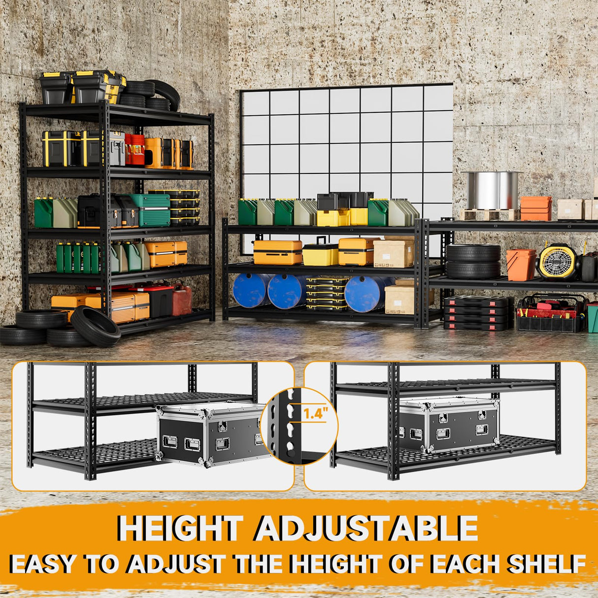 cynnda 5-Tier 60" W X 24" D X 78" H Garage Shelving Metal Storage Shelves 3300LBS Heavy Duty Industrial Shelving Adjustable Garage Shelf Unit Utility Storage Racks(Black) cynnda