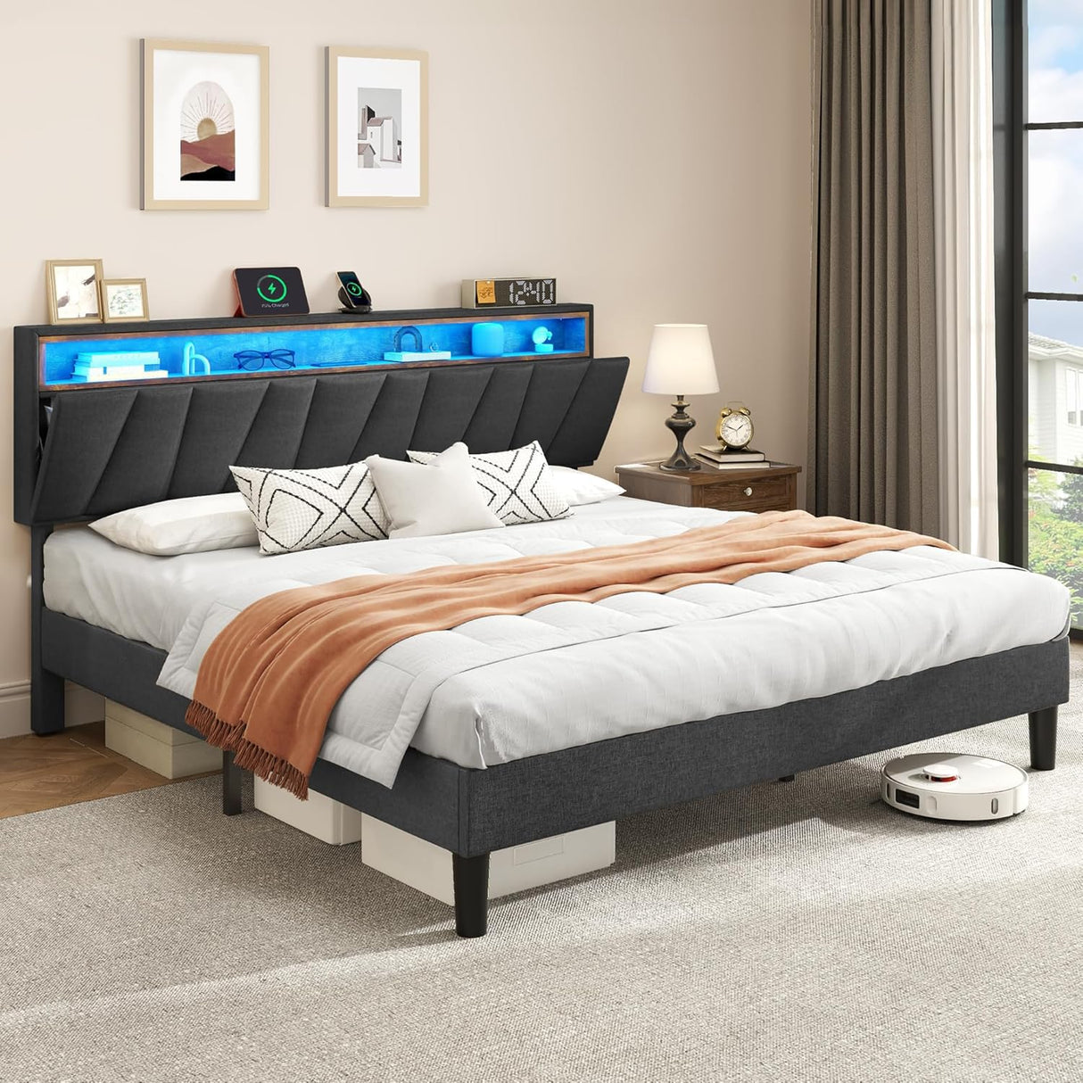 DWVO King Size Bed Frame with Storage Headboard, Upholstered Bed Frame with LED Lights, Platform Bed with Charging Station, No Box Spring Needed, Easy Assembly, Grey DWVO