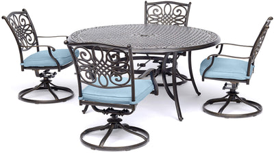 Hanover Traditions 5-Piece Rust Resistant Aluminum Patio Dining Set with Blue Cushions, Swivel Rockers and Aluminum Round Dining Table, Outdoor Dining Set for 4