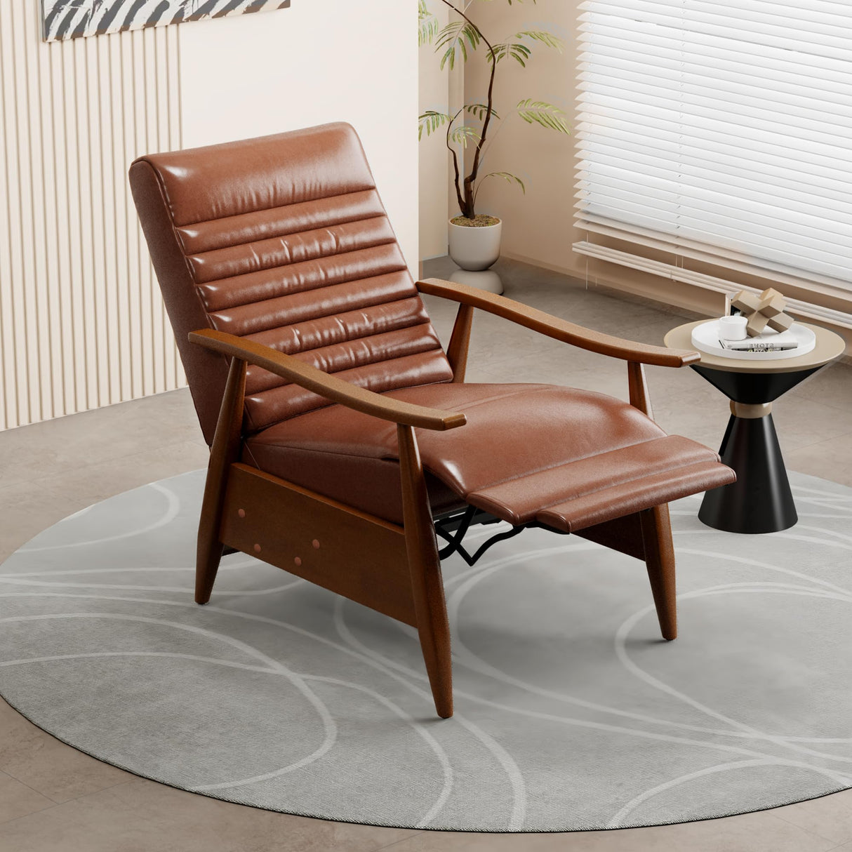 WYPIIITS Leather Recliner Chair, Mid Century Push Back Accent Chair, Comfortable Living Room Chair with Solid Wood Frame, High Back Lounge Chair for Reading and Relaxing (Brown, 1-Pack) WYPIIITS