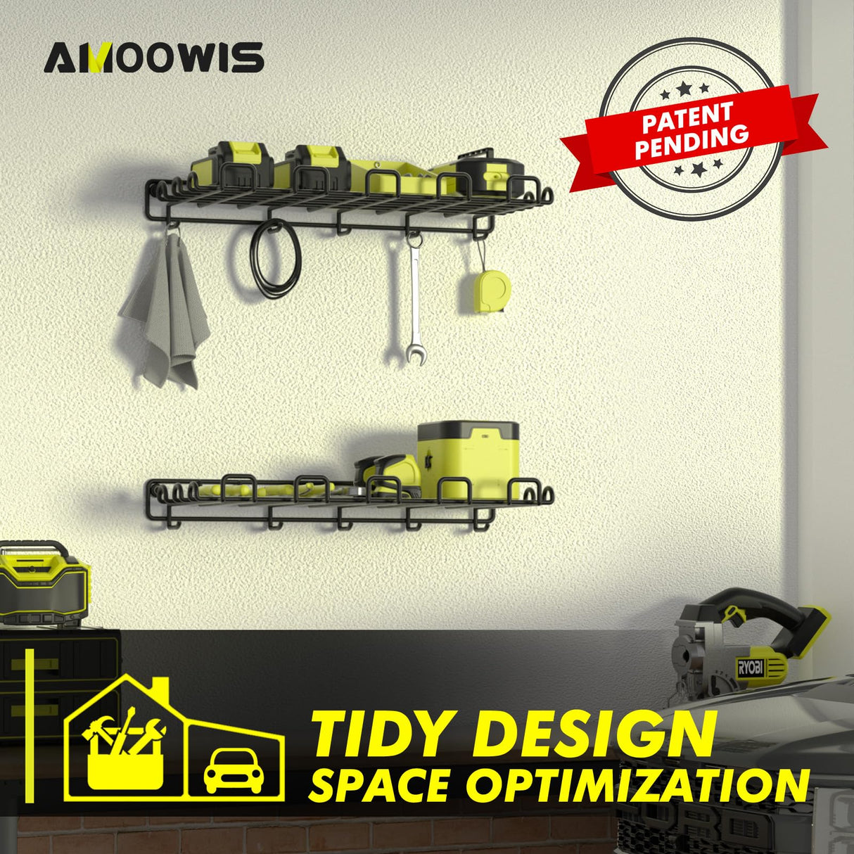 Garage Wall Shelf 2 Pack 16.5"x7.1" & Max Load 50 lbs Wall Mount Heavy Duty Metal Shelves Mesh Storage Rack for Garage, Office, Basement, Wall Cabinet and Kitchen Suitable for Garage/Closet/Laundry Amoowis