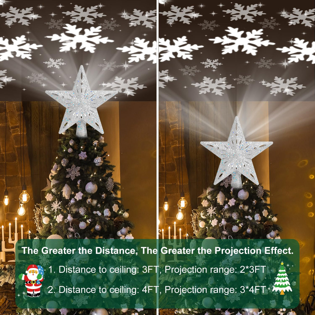 Kesfitt Christmas Tree Topper Lighted with 6 Projection Modes,Christmas Star Tree Topper Built-in LED Rotating Lights,Silver 3D Glitter Dynamic Projection for Xmas Party Holiday Decorations Kesfitt
