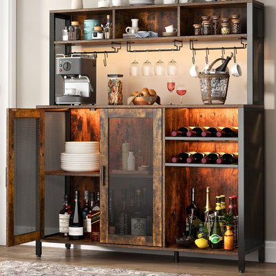 Loomie Wine Bar Cabinet with LED Light, Industrial Coffee Bar with Wine Rack & Glass Holder & 3 Compartments, Kitchen Buffet Sideboard with Storage, Liquor Cabinet, Rustic Brown
