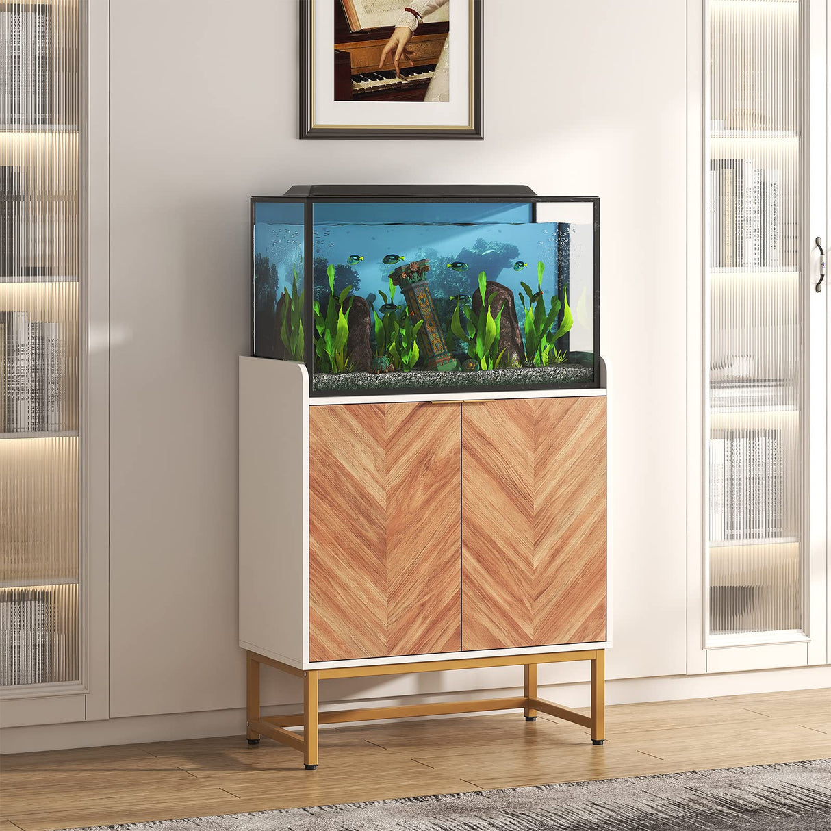 Saudism 29 Gallon Fish Tank Stand, Small Aquarium Stand 20 Gallon with Doors & Adjustable Shelves, Boho Sideboard Coffee Bar Cart, Kitchen Cupboard Console Table, 30.5" LĂ15.7" WĂ35" H, White/Gold Saudism