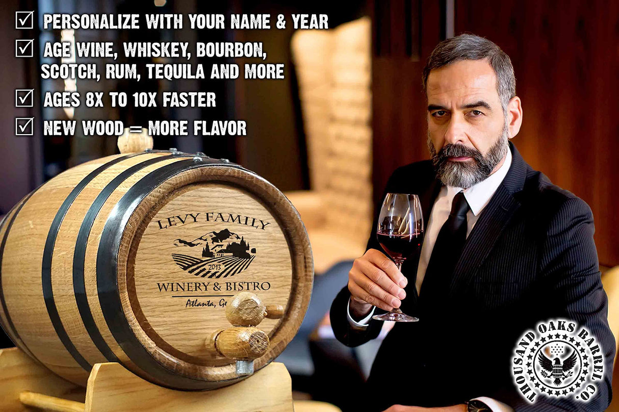 Personalized 1 Gallon Oak Wine Barrel with Stand, Bung, and Spigot (5 liter) | Age Cocktails, Wine, Mead and More! | Custom Engraved Vineyard Bistro THOUSAND OAKS BARREL