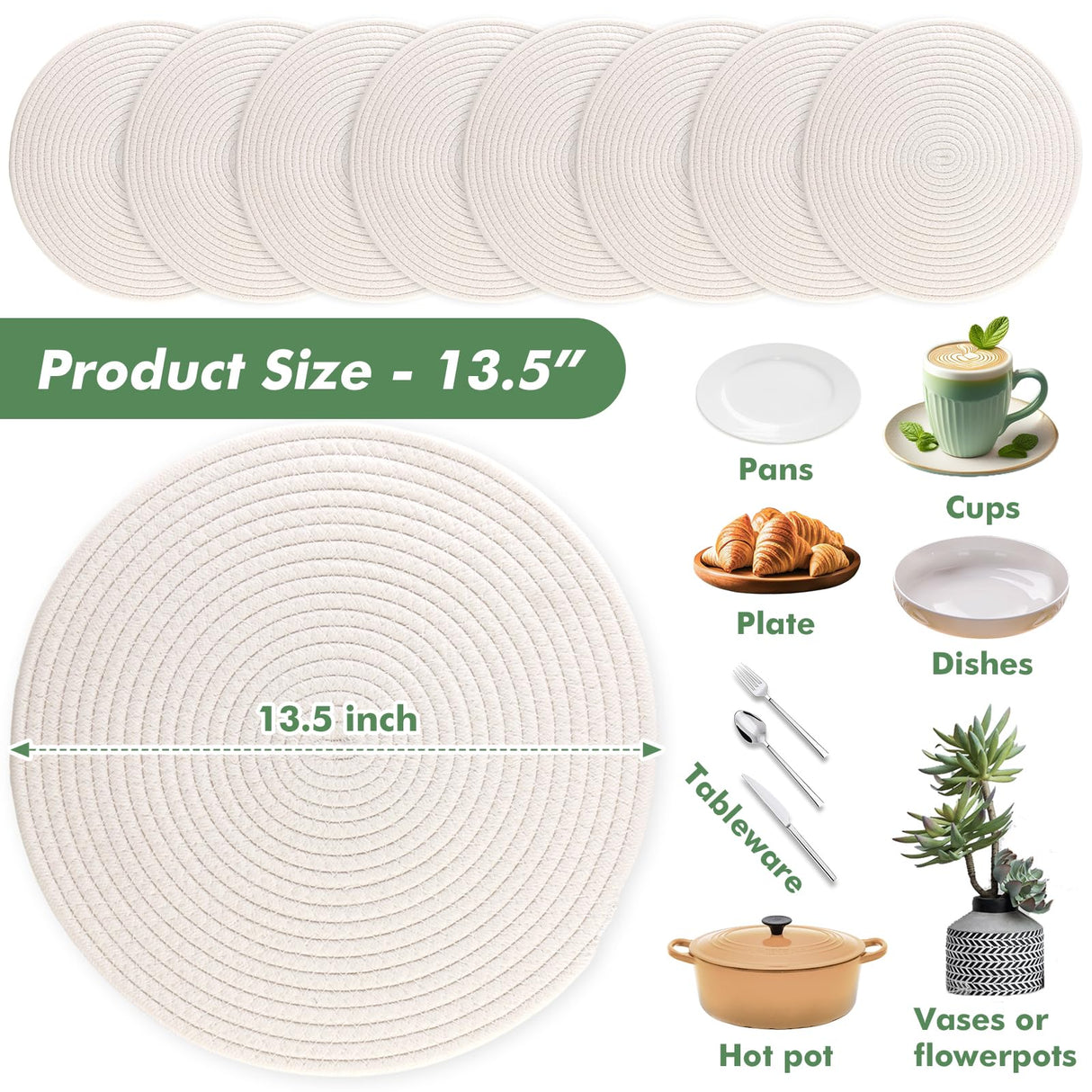 Round Woven Placemats Set of 8 Heat Resistant Placemats 13.5 Inches Farmhouse Cotton Rope Place Mats for Dining Tables Trivets for Hot Dishes, White Aertiavty