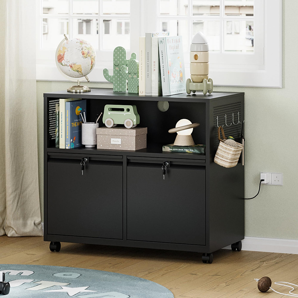 Letaya Mobile 2 Drawer File Cabinet with Lock, Metal Lateral Printer Stand Filing Storage Cabinets with Shelves for Home Office-A4/F4/Letter (Black) Letaya