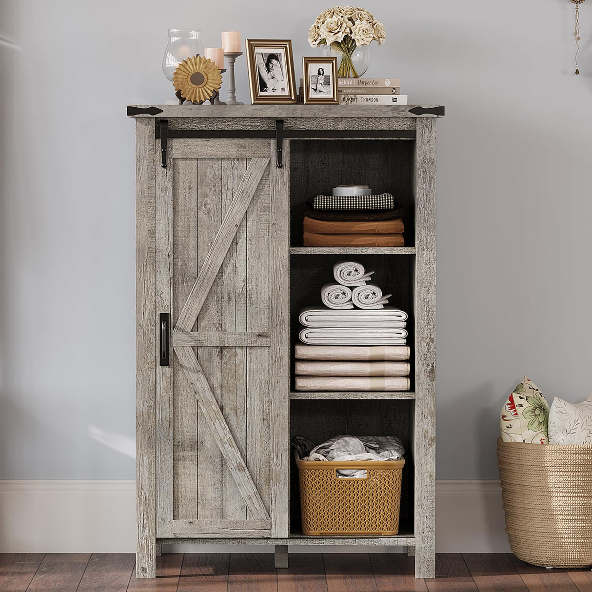AMERLIFE 31.5'' Farmhouse Dresser with Sliding Barn Doors, 48" Rustic 5 Drawer Tall Dresser, Storage Organizer for Bedroom, Entryway, Light Rustic Oak AMERLIFE