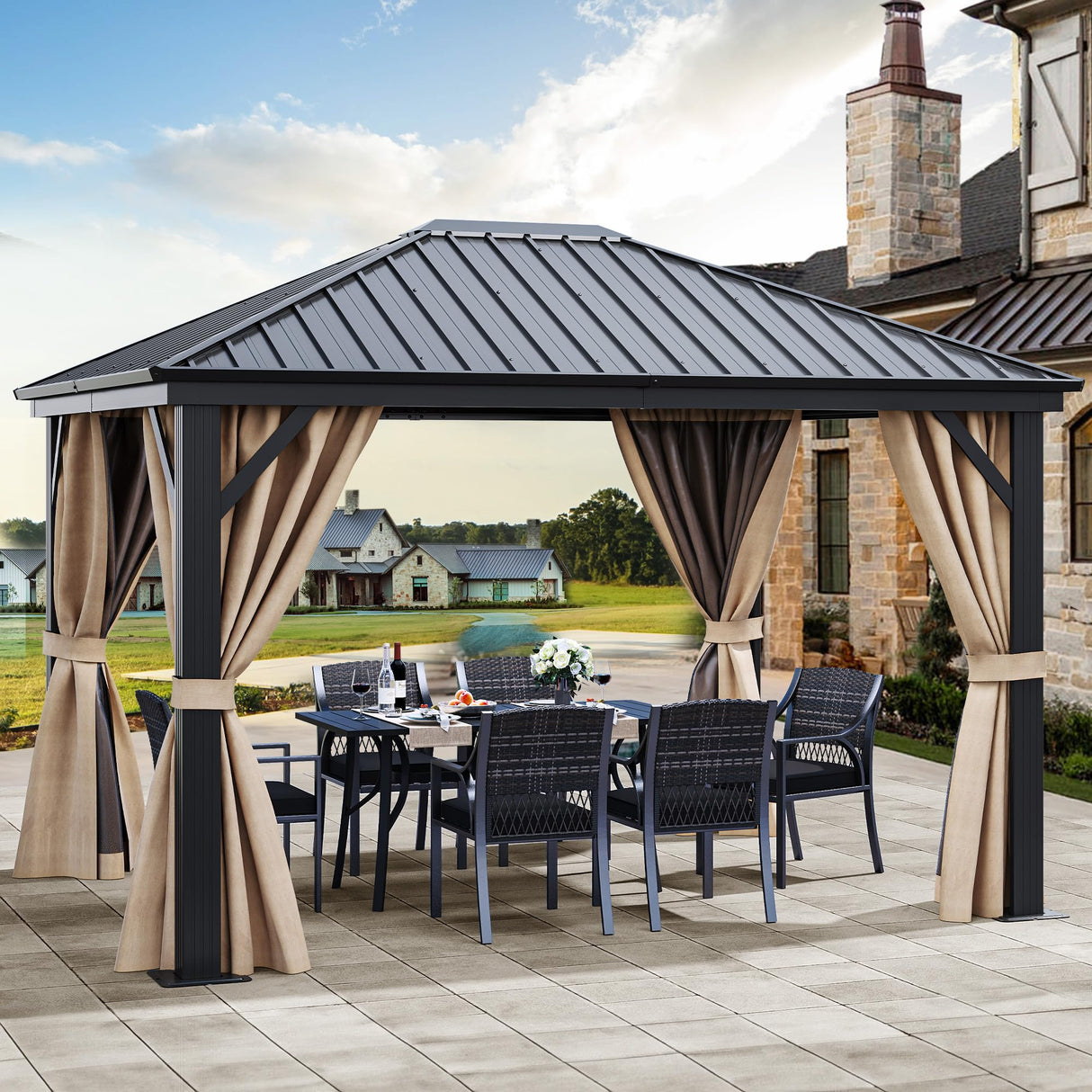 YITAHOME 10x12ft Hardtop Gazebo with Nettings and Curtains, Heavy Duty Galvanized Steel Outdoor Vertical Stripes Roof for Patio, Backyard, Deck, Lawns, Brown YITAHOME