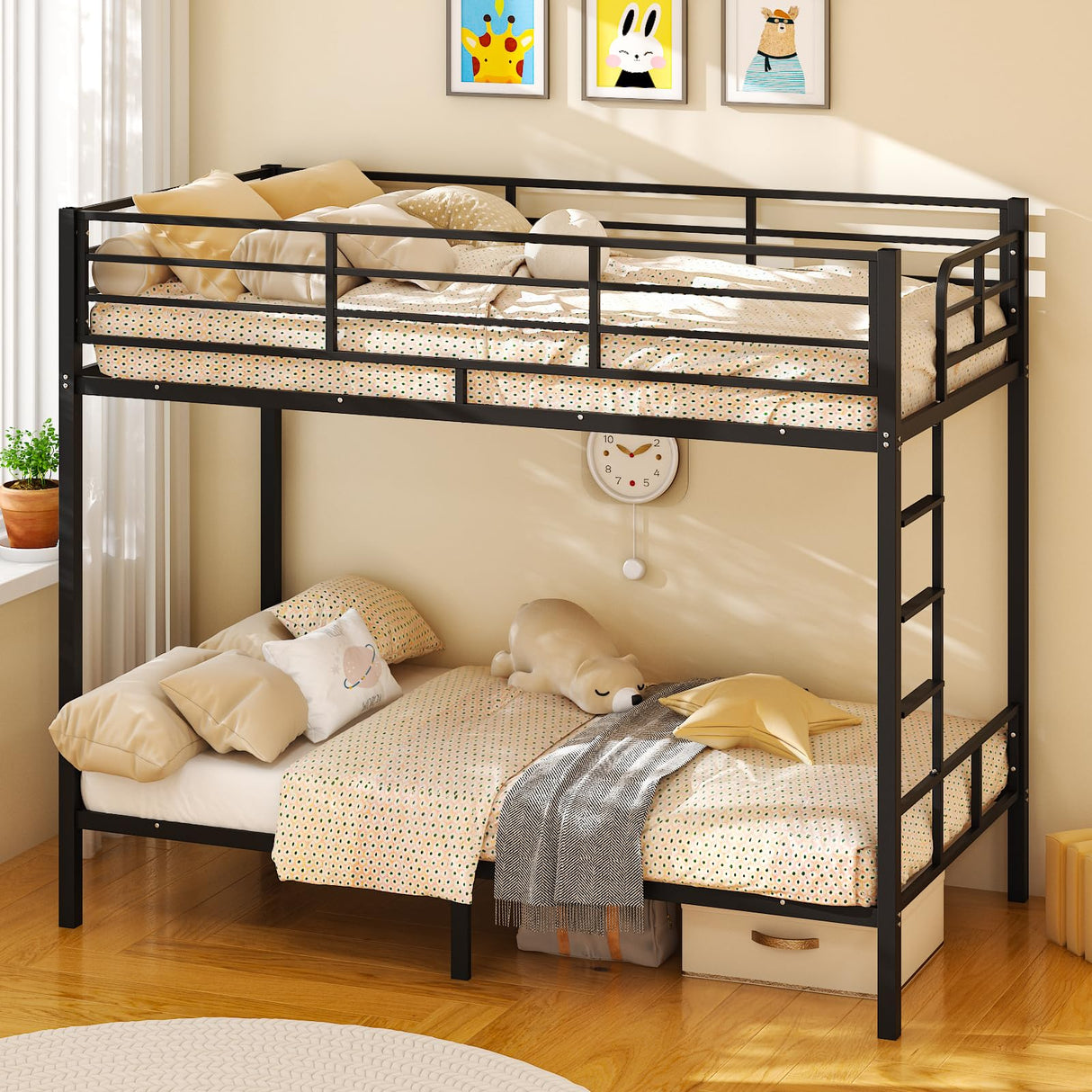 VINGLI Bunk Bed Twin Over Twin with 15 Inches Extra High Guardrail 2 Deckers Bunk Bed with Stairs & Flat Rungs, Heavy Duty Metal Slats, No Box Spring Needed, Black VINGLI
