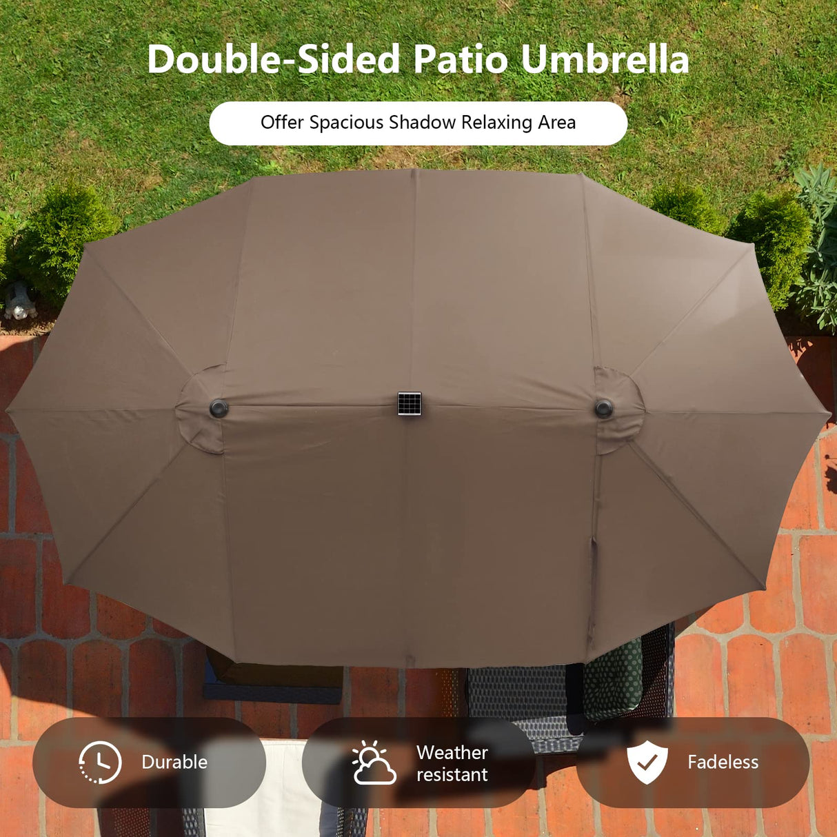 Tangkula 15FT Double-Sided Patio Umbrella with Solar Lights, Extra-Large Umbrella W/ 48 LED Lights & Auto-Charging Solar Panel, Outdoor Twin Market Umbrella W/Extra Weighted Base Stand (Brown) Tangkula