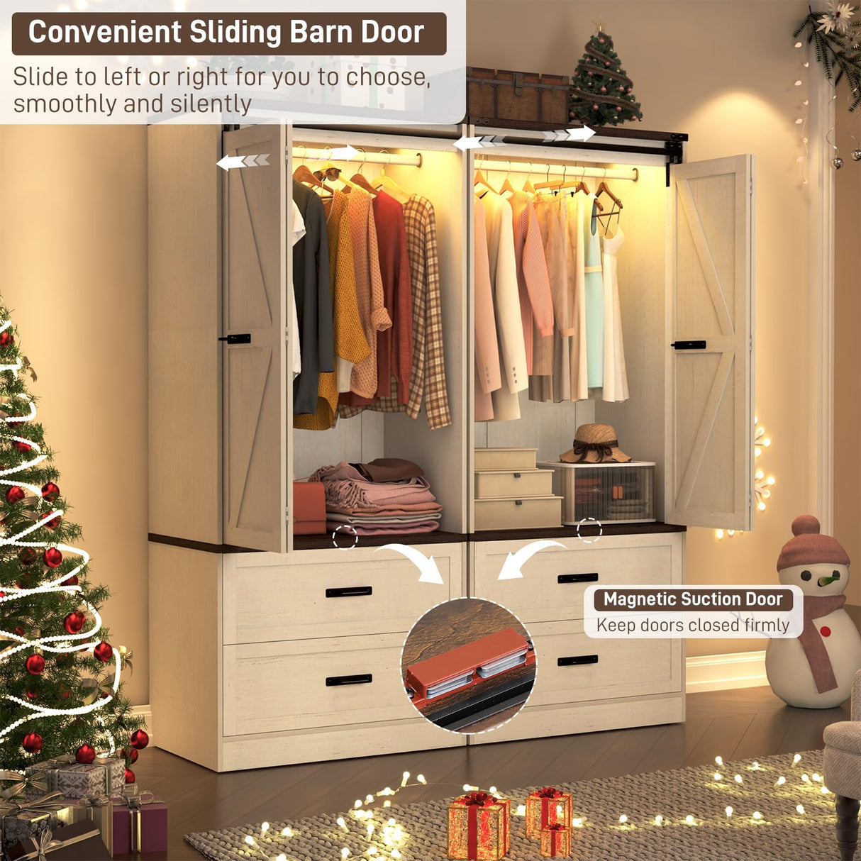 73" Tall Farmhouse 2 Doors Armoire Wardrobe Closet w/ Sliding Folding Door,2 Drawers,Closet Wardrobe Cabinet w/ LED Light,Hanging Rod for Bedroom,Wooden Wardrobe Armoire Cabinet,Rustic Brown chartustriable