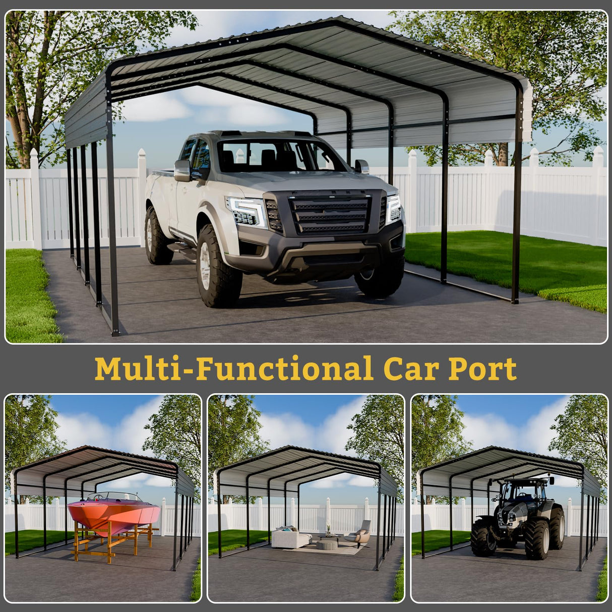 HEYTOWN Metal Carport 10 * 15 FT with Enhanced Base Heavy Duty Garage with Galvanized Steel Roof Multi-Use Shelter Outdoor for Car, Pickup, Boat and Tractors HEYTOWN